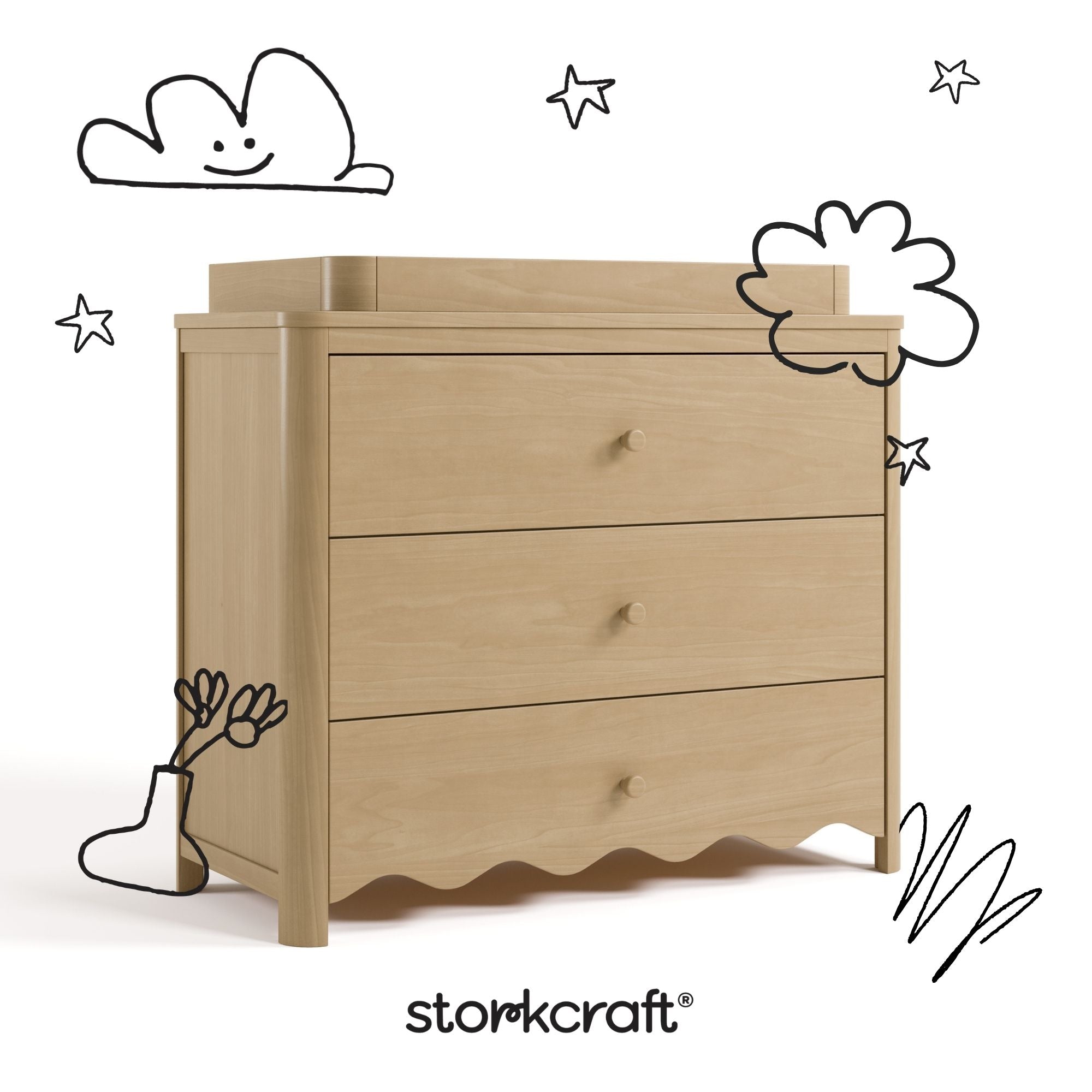 Casablanca driftwood 3 drawer chest with topper with black doodles overlaid on image
