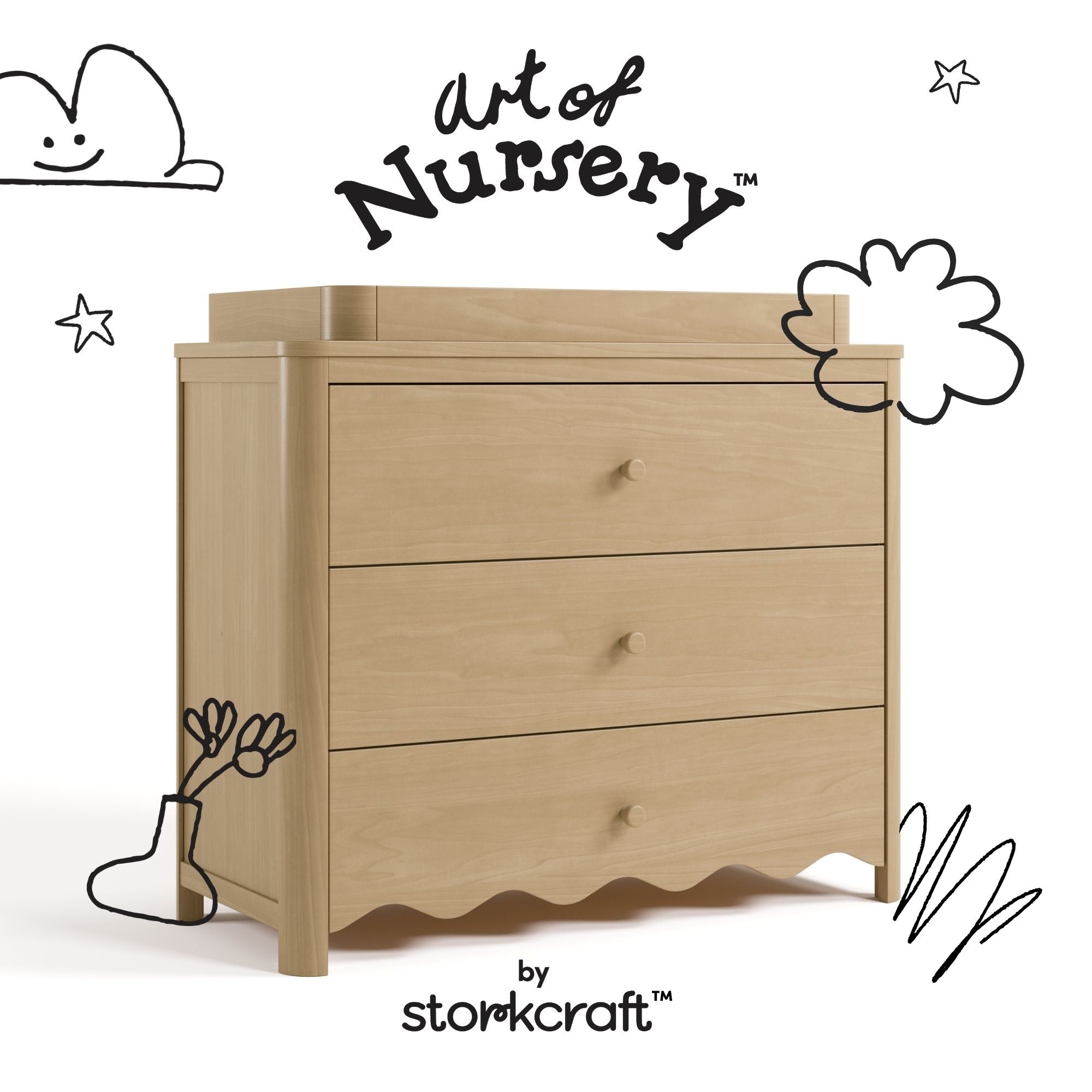 Casablanca driftwood 3 drawer chest with changing topper with black doodles overlaid on image