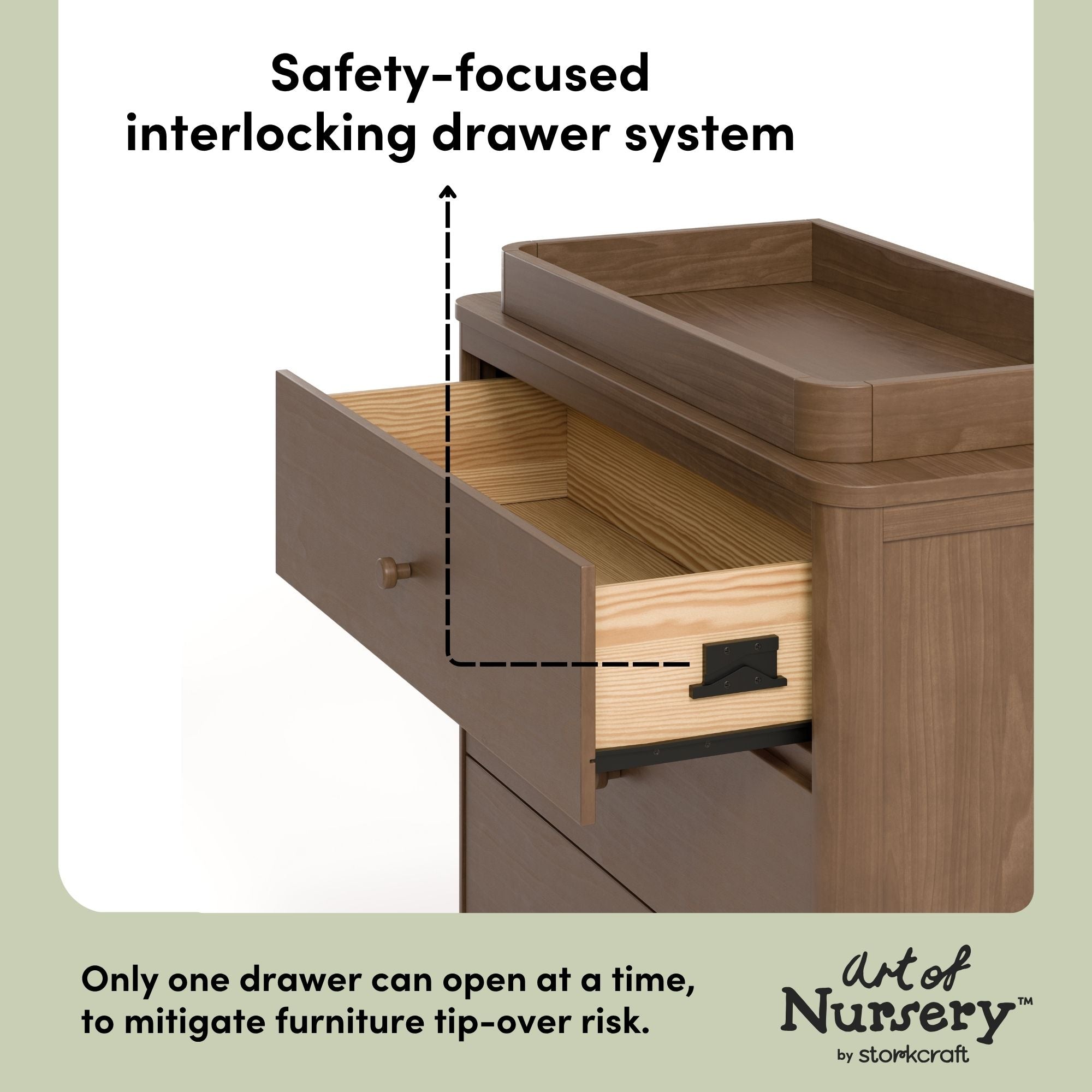 Casablanca hazelnut 3 drawer chest with changing topper interlocking drawers callout