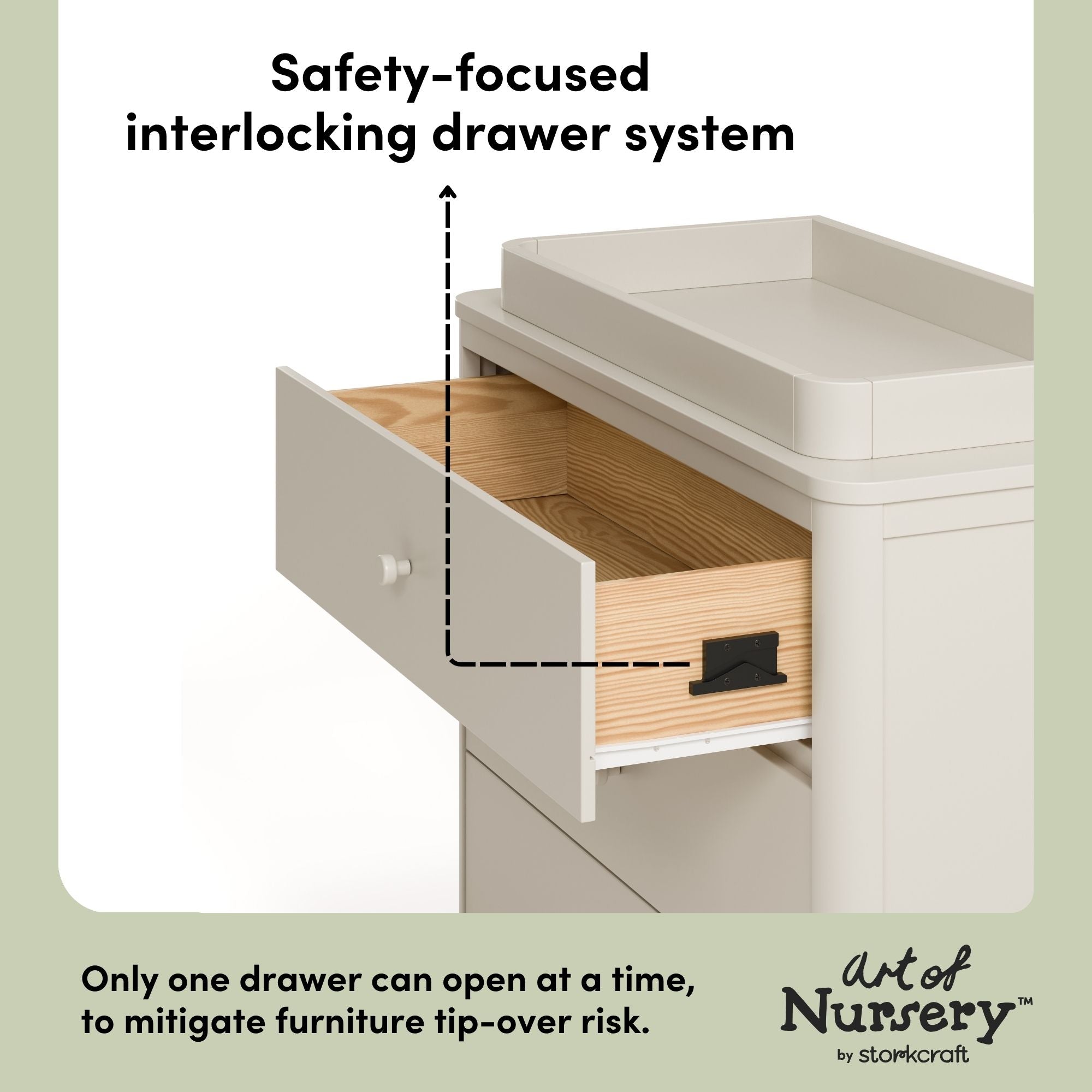 Casablanca frosted oat 3 drawer chest with changing topper interlocking drawers callout