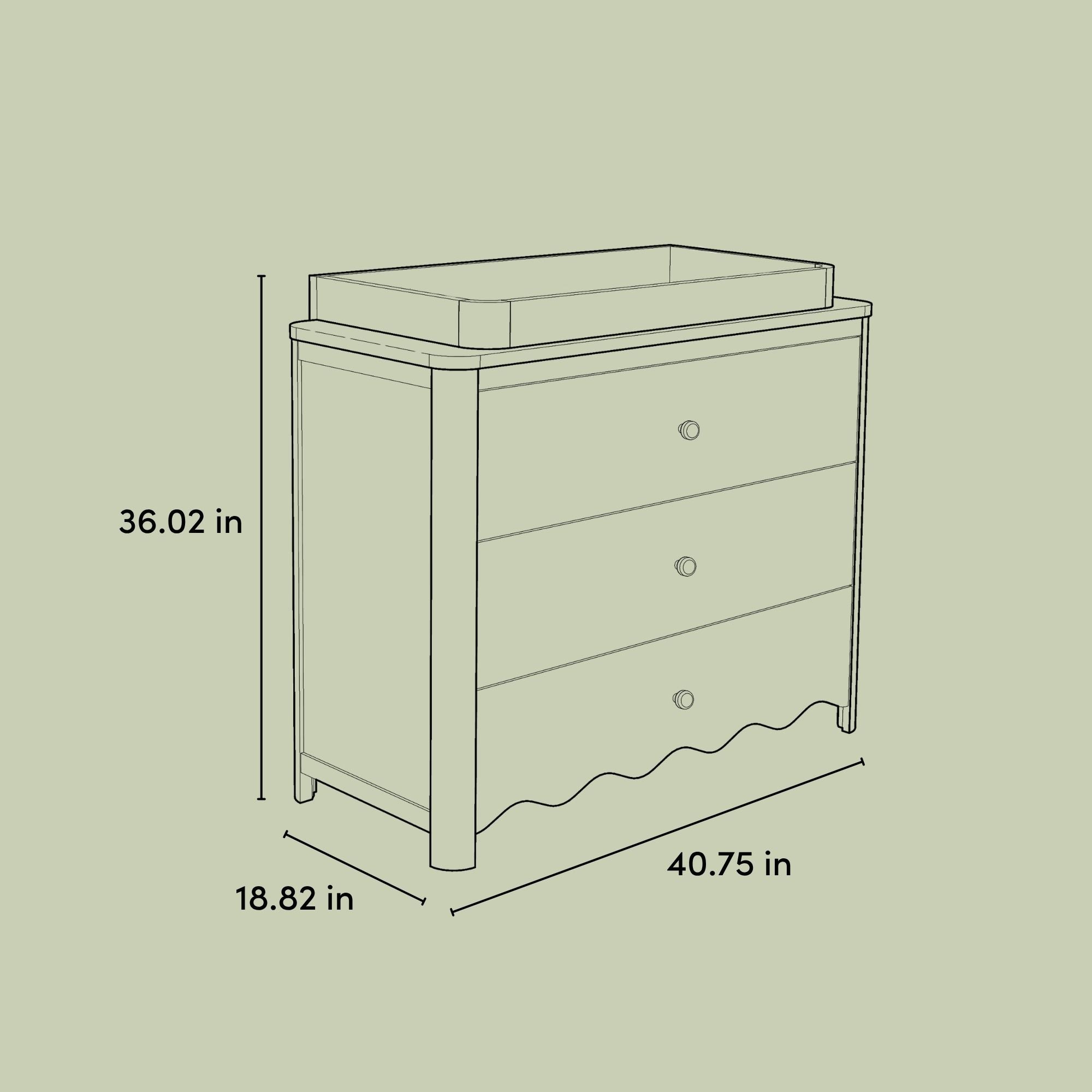 Casablanca 3 drawer chest with changing topper line drawing with dimensions