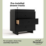 Kyoto black 3 drawer chest with changing topper pre-installed drawer tracks callout