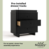 Kyoto black 3 drawer chest with changing topper pre-installed drawer tracks callout