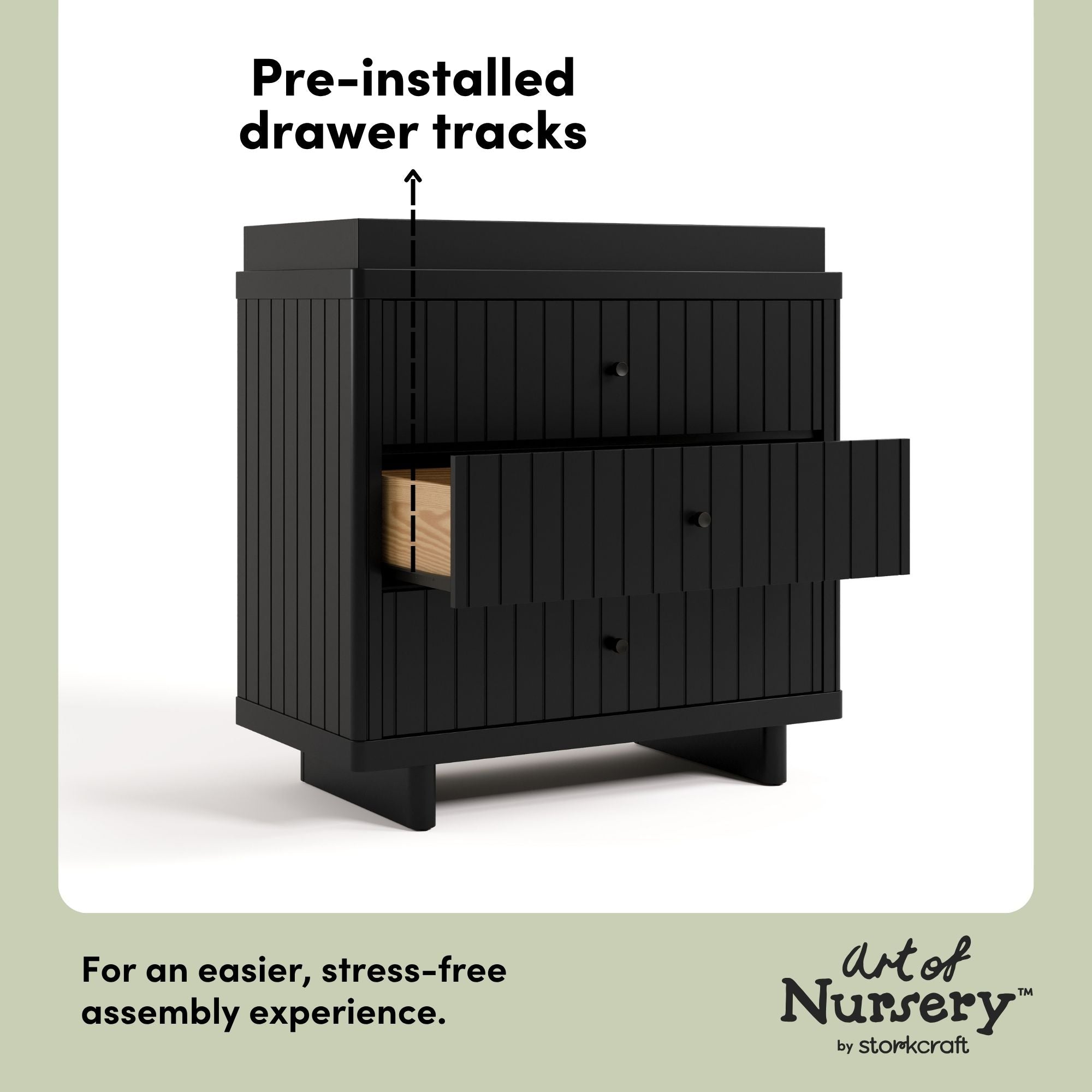 Kyoto black 3 drawer chest with changing topper pre-installed drawer tracks callout