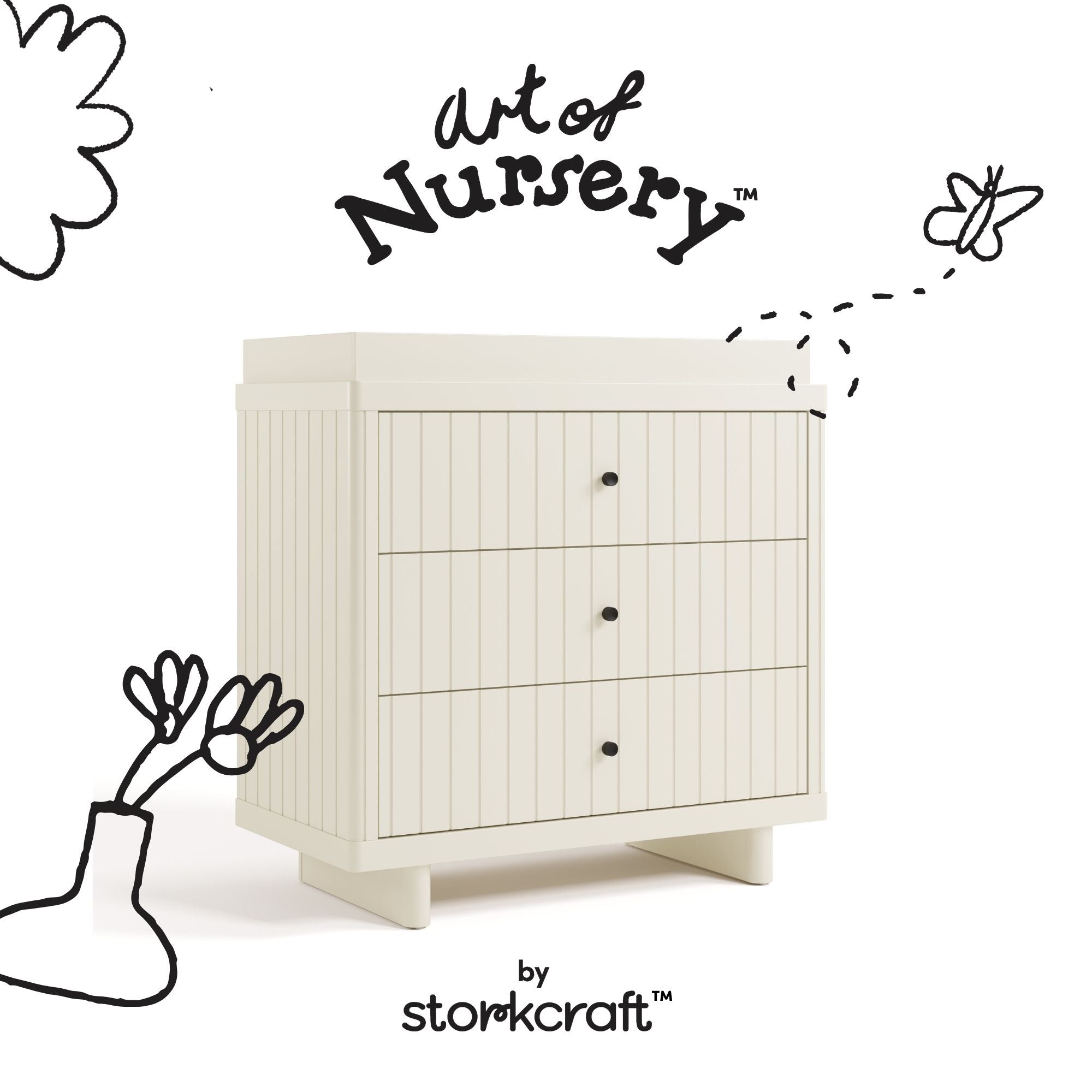 Kyoto frosted oat 3 drawer chest with changing topper with black doodles overlaid on image