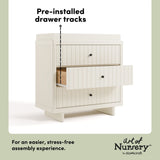 Kyoto frosted oat 3 drawer chest with changing topper pre-installed drawer tracks callout