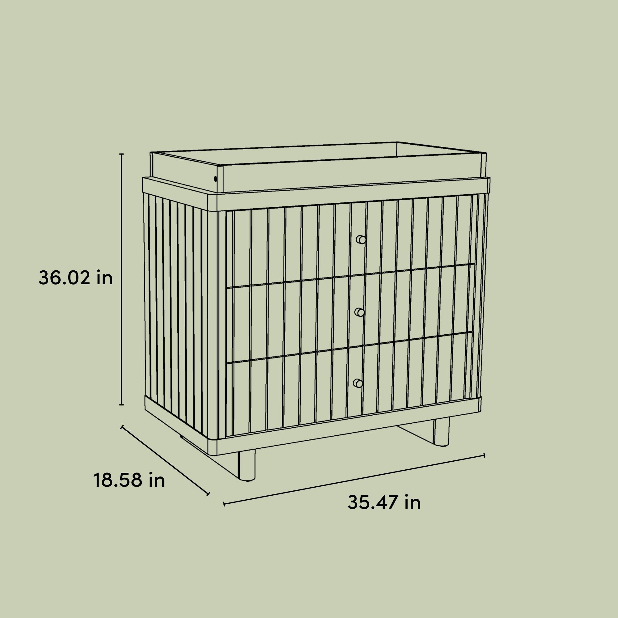 Kyoto 3 drawer chest with changing topper line drawing with dimensions