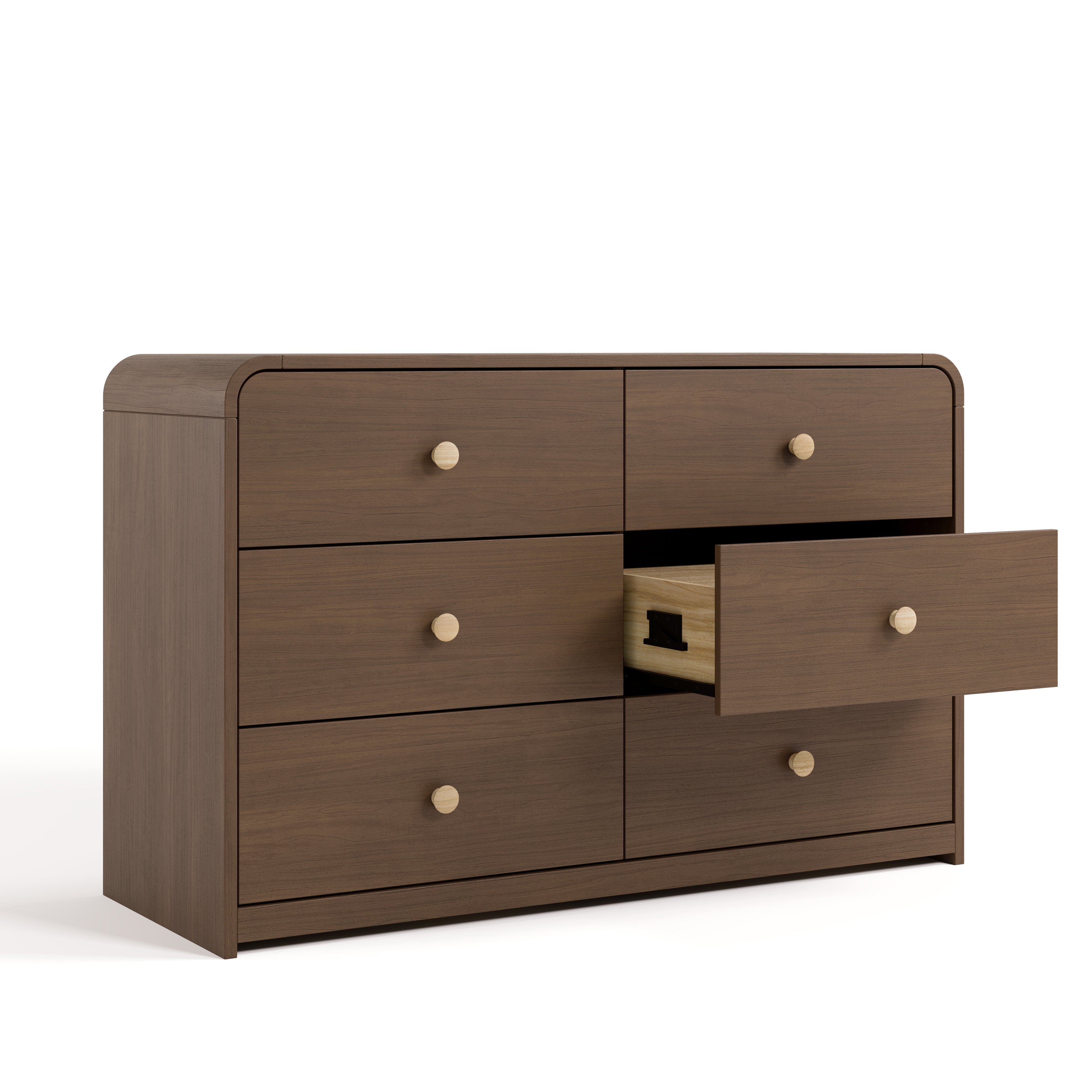 santos hazelnut 6 drawer dresser angle view with middle right drawer open