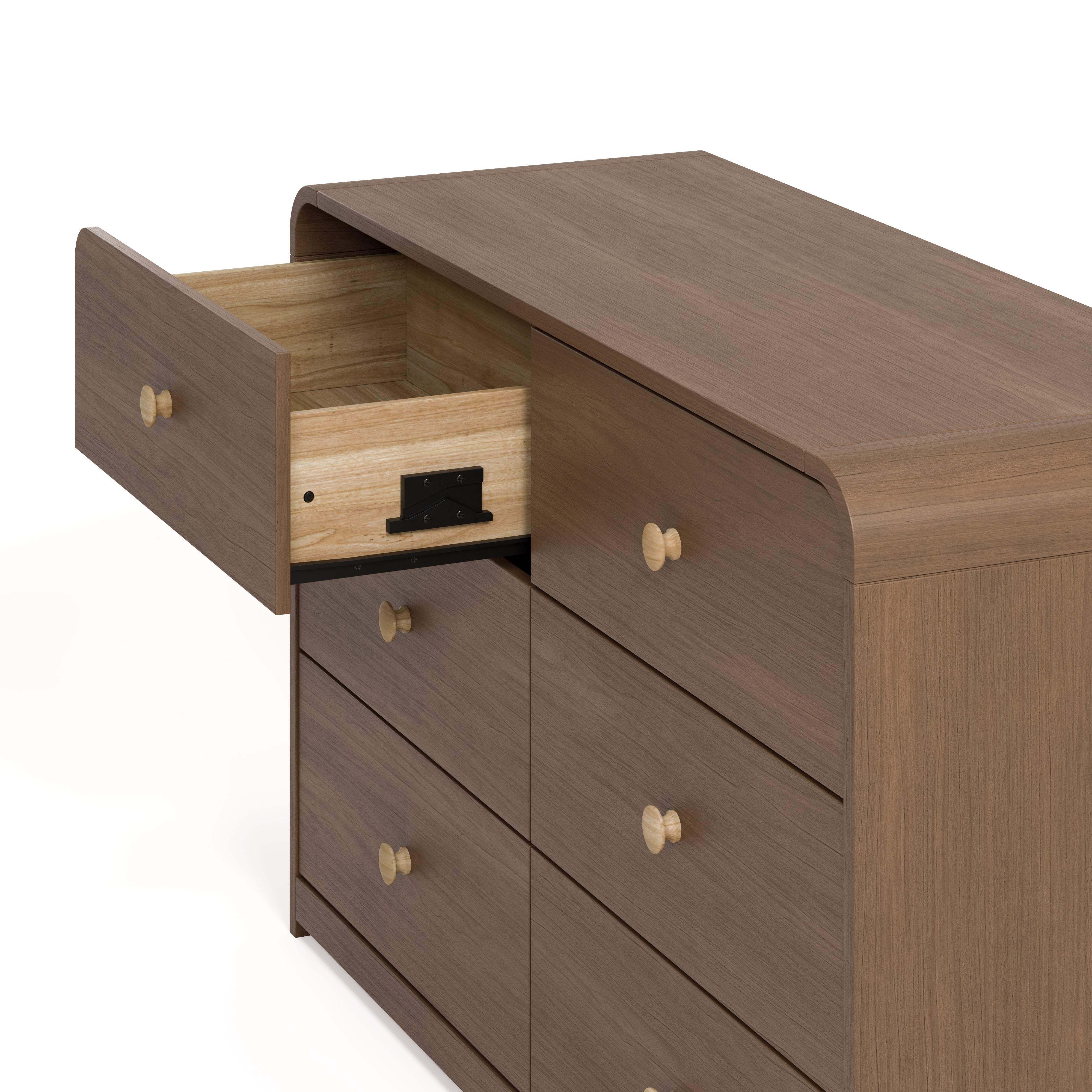 santos hazelnut 6 drawer dresser angle view with top left drawer open showing interlocking mechanism