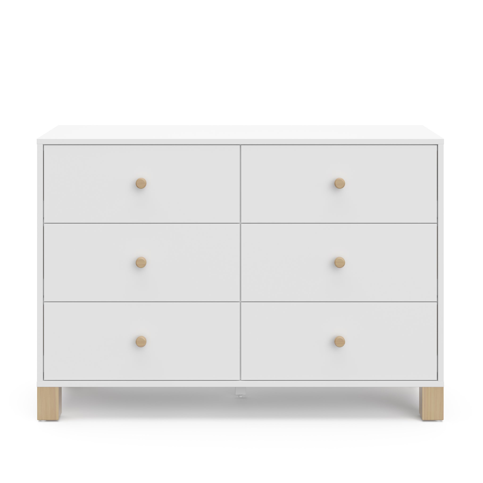 Front view of white dresser with driftwood knobs and base