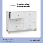 California white with driftwood 6 drawer dresser pre-installed drawer tracks callout