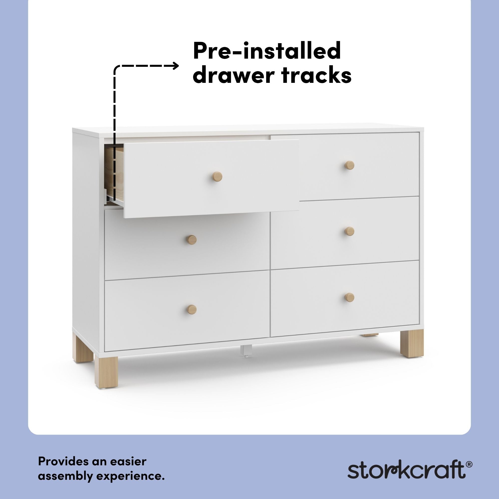 California white with driftwood 6 drawer dresser pre-installed drawer tracks callout