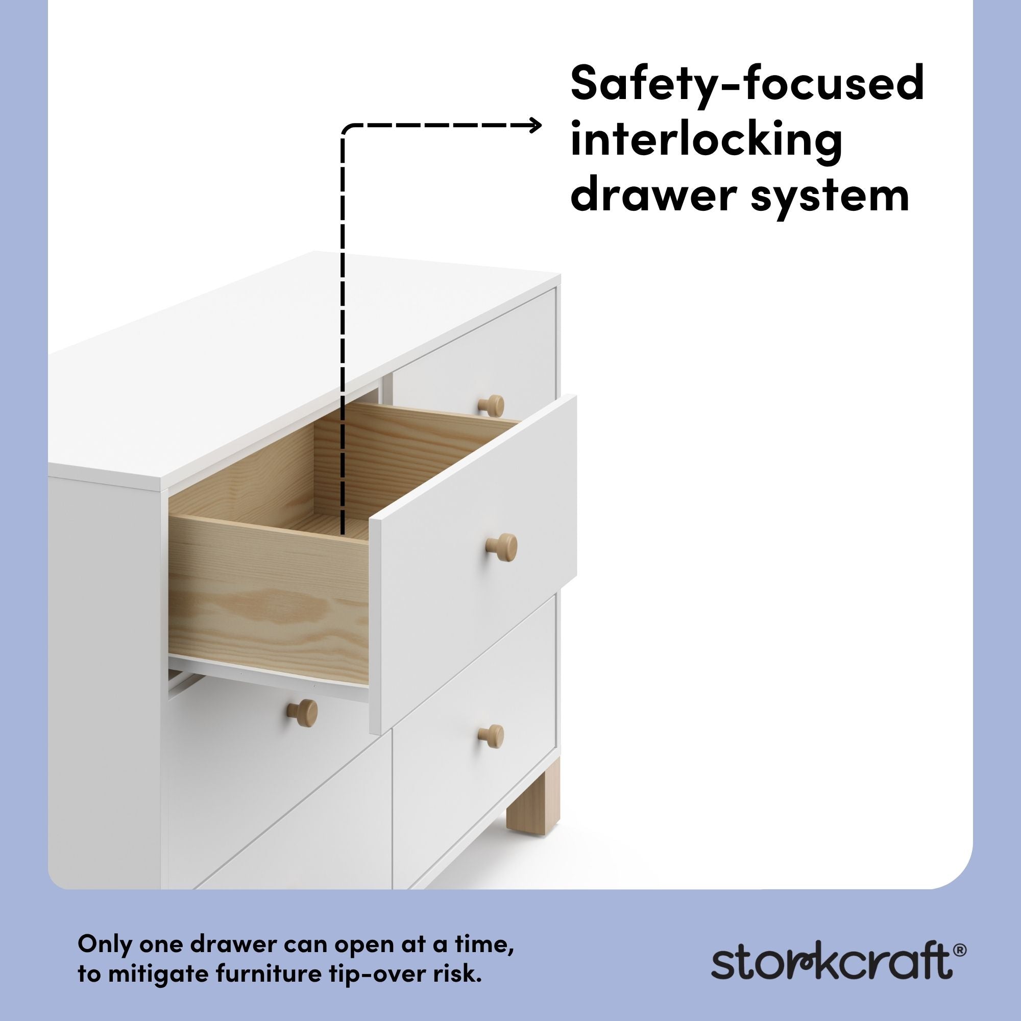 California white with driftwood 6 drawer dresser interlocking drawer system callout
