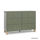 California olive with driftwood 6 drawer dresser with 2024 Storkcraft copyright on bottom right