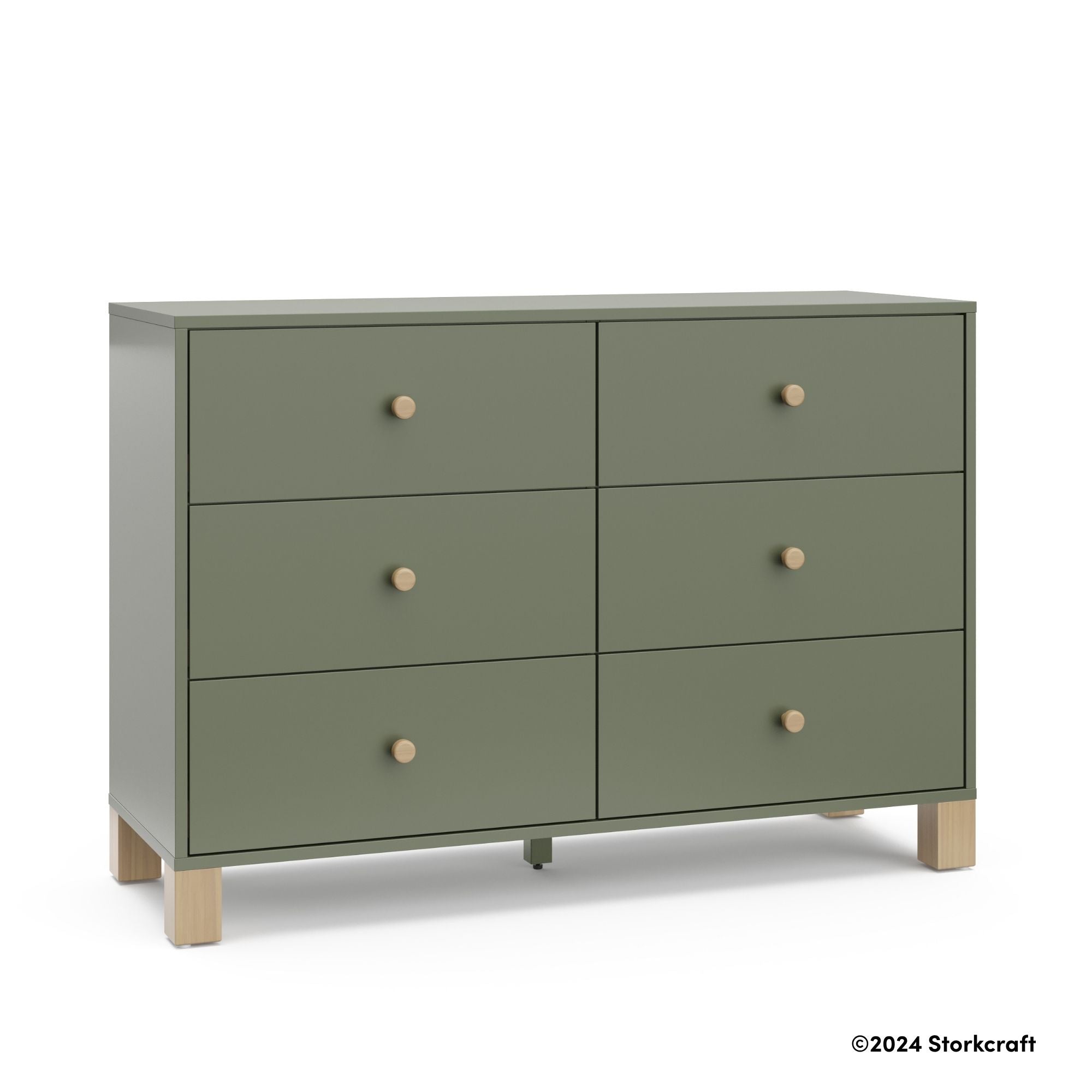 California olive with driftwood 6 drawer dresser with 2024 Storkcraft copyright on bottom right
