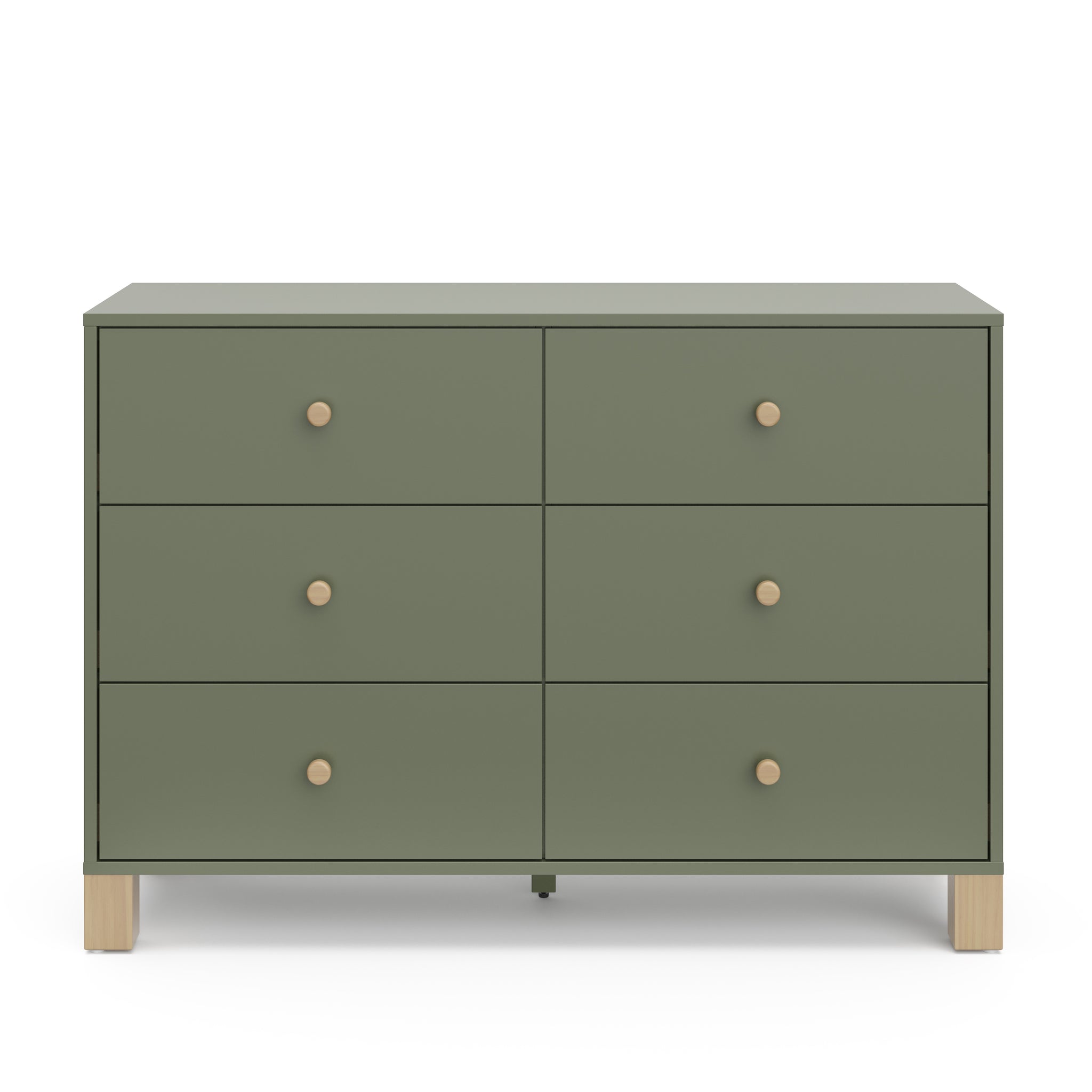 Front view of olive dresser with driftwood knobs and base