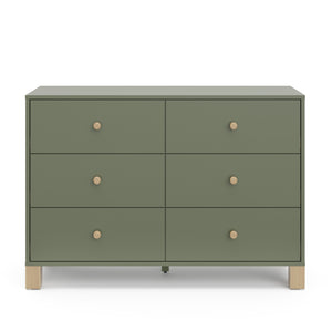 Front view of olive dresser with driftwood knobs and base