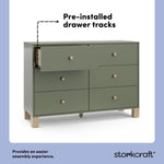 California olive with driftwood 6 drawer dresser pre-installed drawer tracks callout