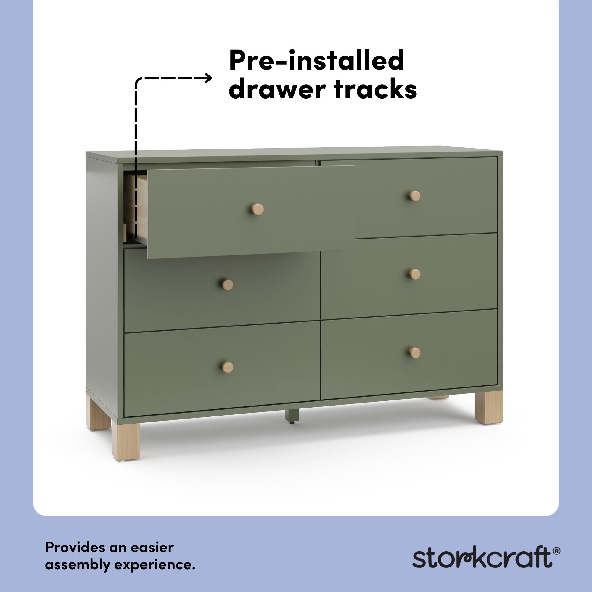 California olive with driftwood 6 drawer dresser pre-installed drawer tracks callout