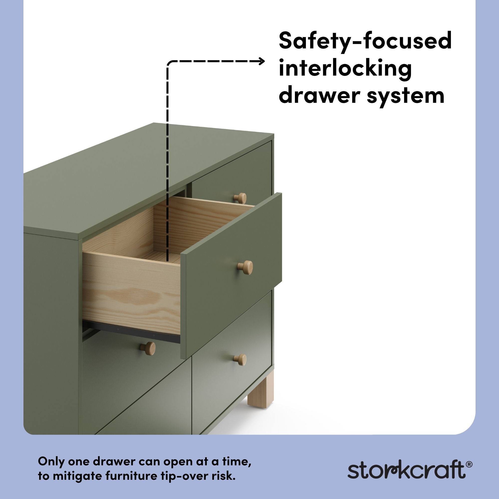 California olive with driftwood 6 drawer dresser interlocking drawer system callout