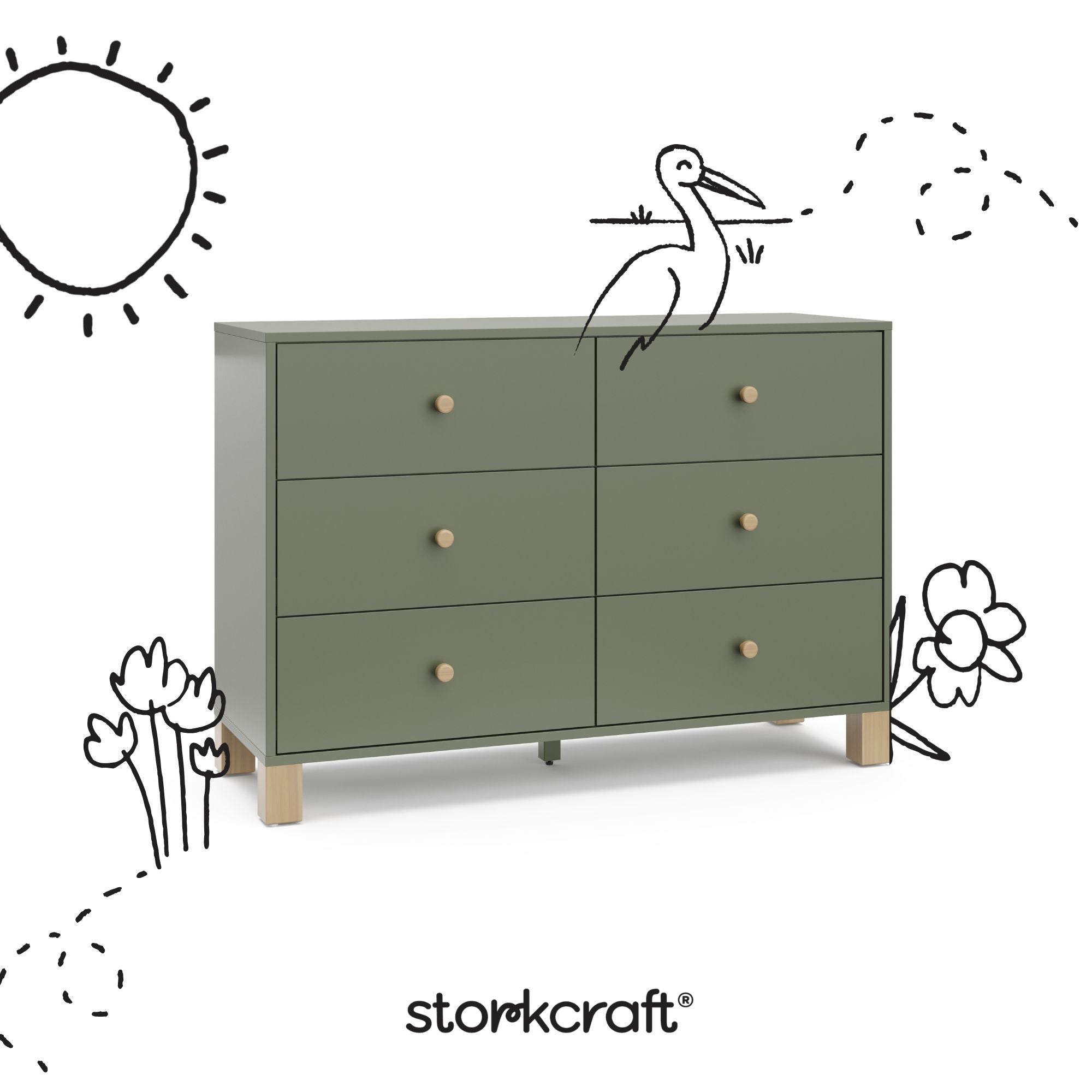California olive with driftwood 6 drawer dresser with black doodles overlaid on image