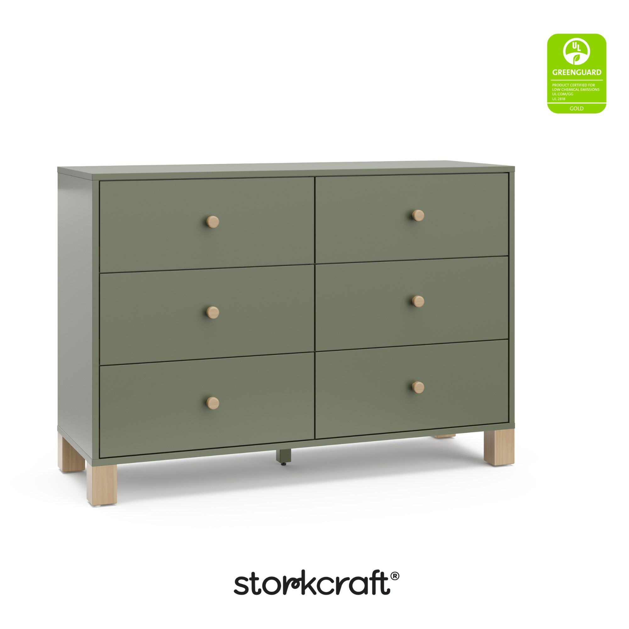 California olive with driftwood 6 drawer dresser with GGG certification logo on top right
