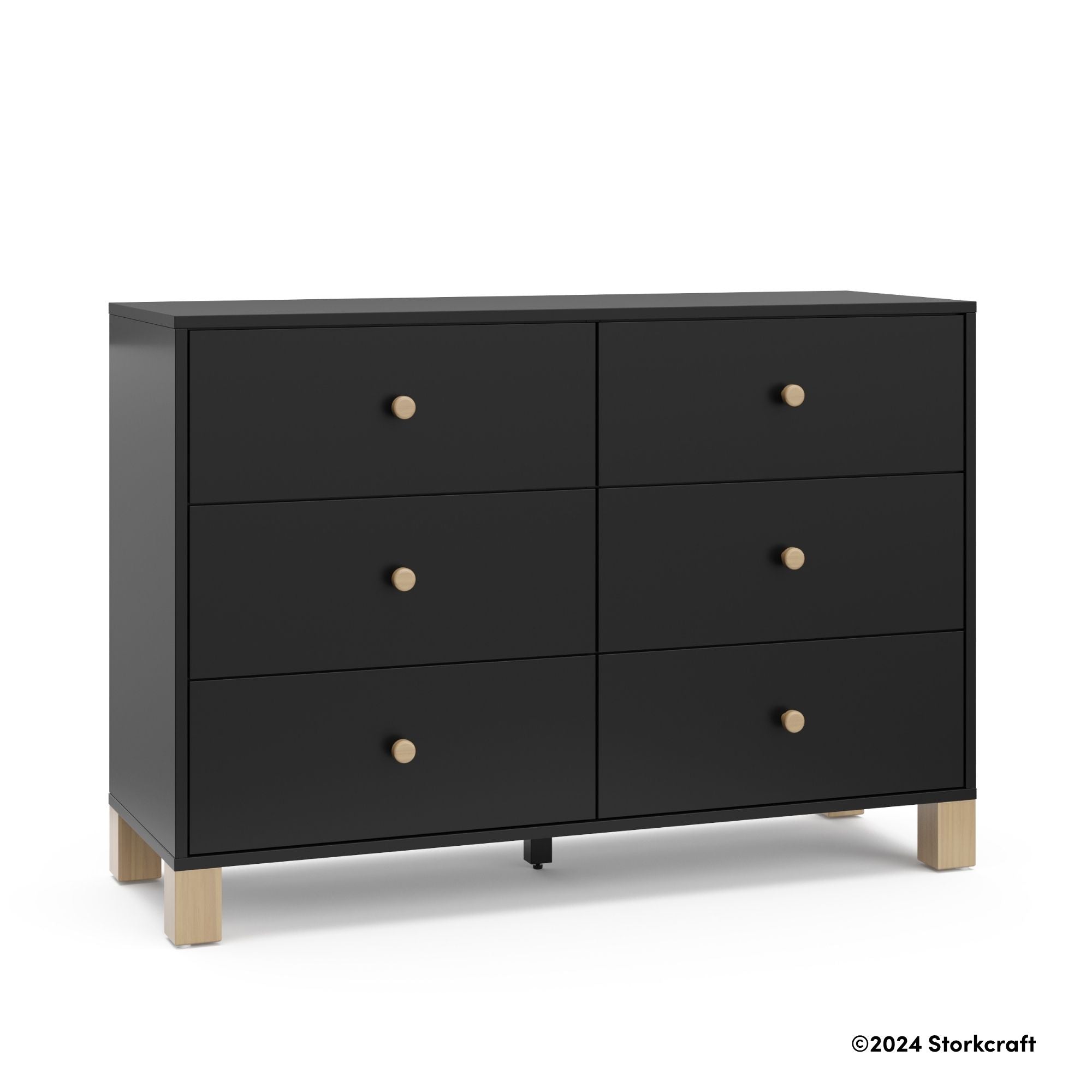 California black with driftwood 6 drawer dresser with 2024 Storkcraft copyright on bottom right