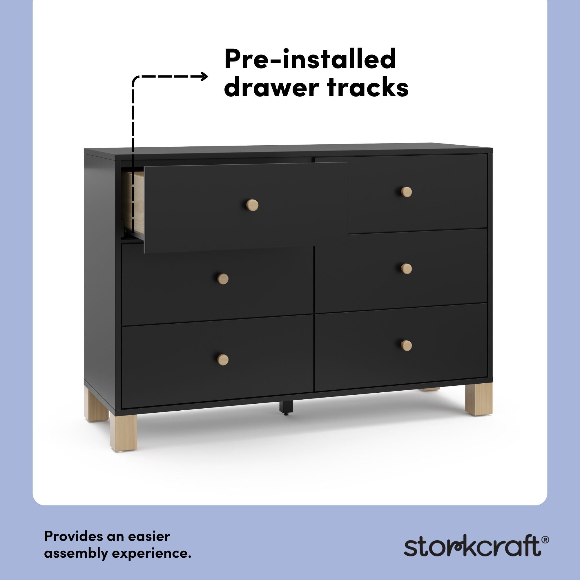 California black with driftwood 6 drawer dresser pre-installed drawer tracks callout