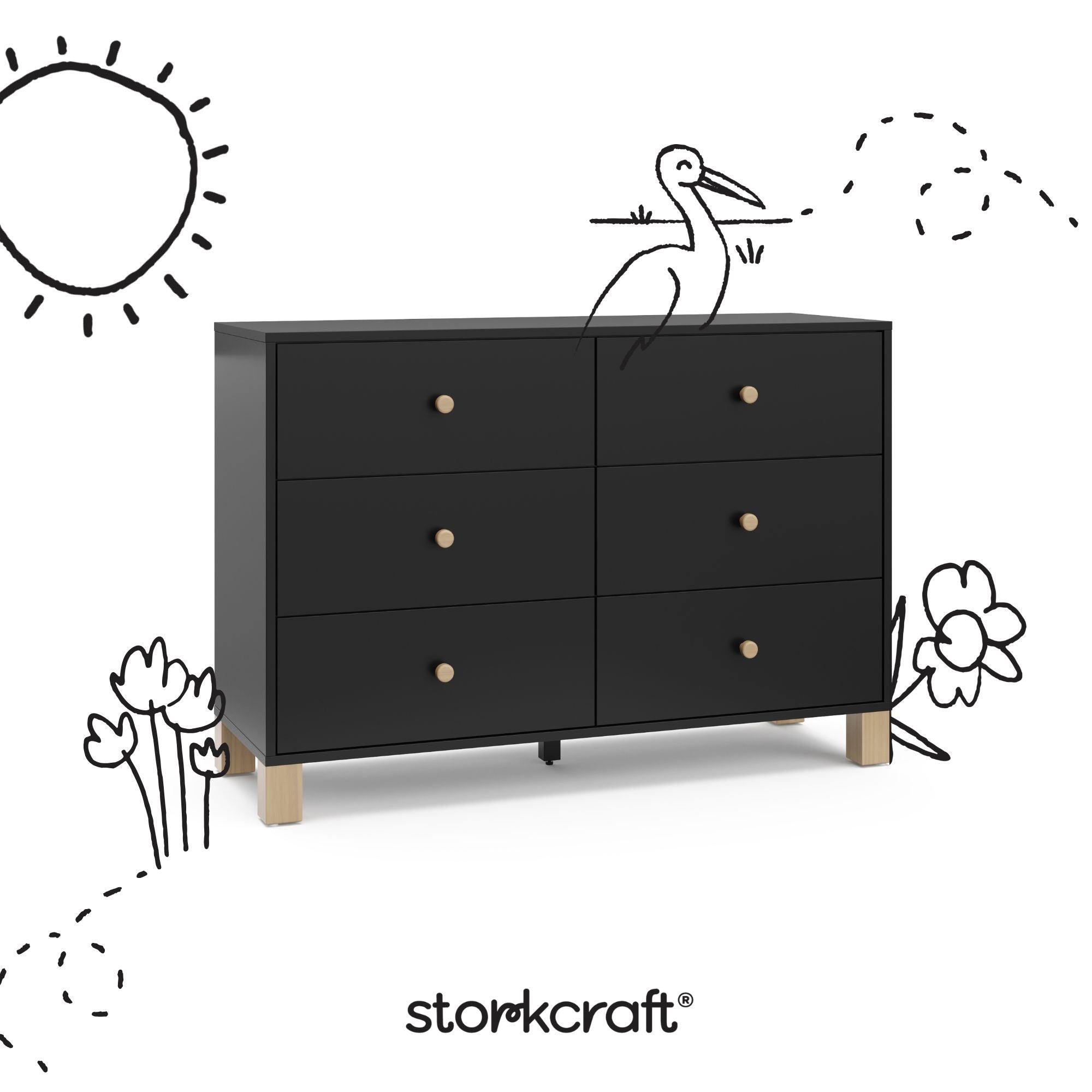 California black with driftwood 6 drawer dresser with black doodles overlaid on image