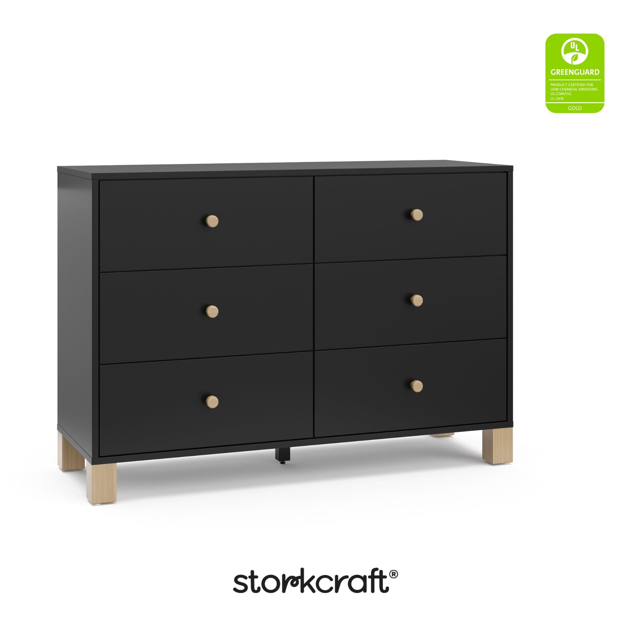 California black with driftwood 6 drawer dresser with GGG certification logo on top right
