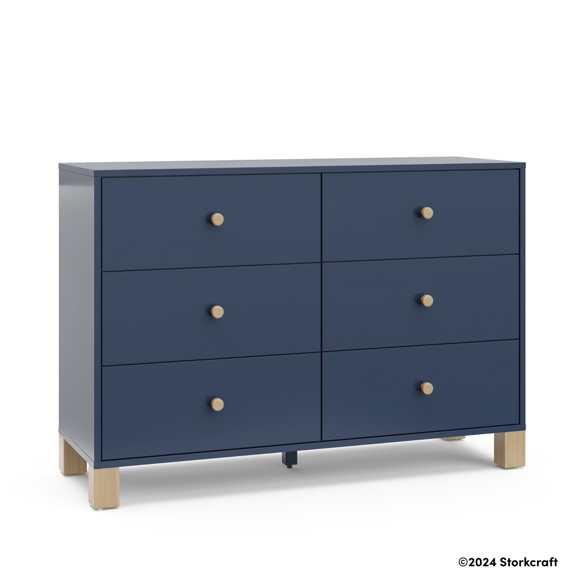 California midnight blue with driftwood 6 drawer dresser with 2024 Storkcraft copyright on bottom right