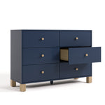California midnight blue with driftwood 6 drawer dresser angle view with middle right drawer open