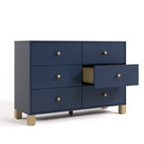 California midnight blue with driftwood 6 drawer dresser angle view with middle right drawer open