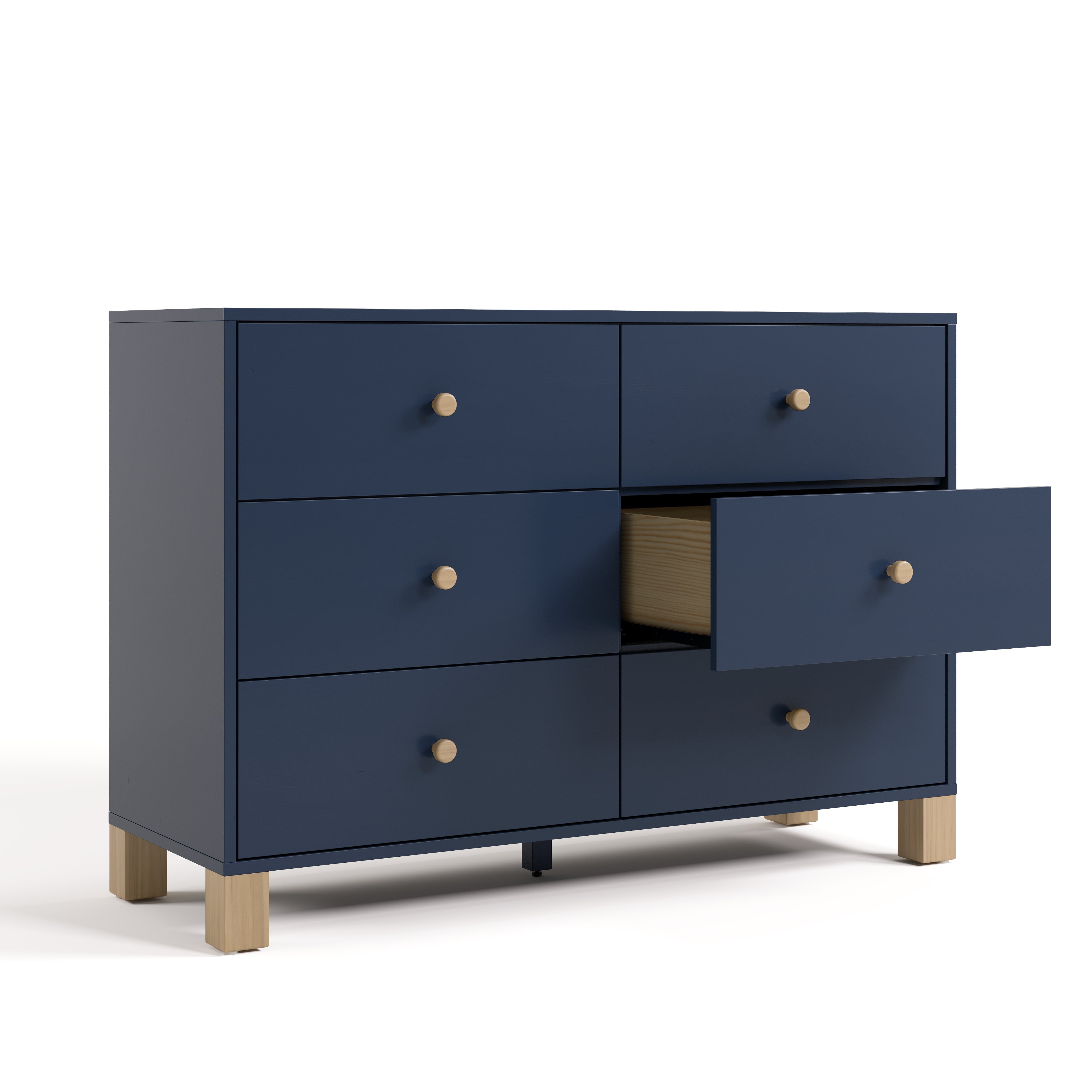 California midnight blue with driftwood 6 drawer dresser angle view with middle right drawer open