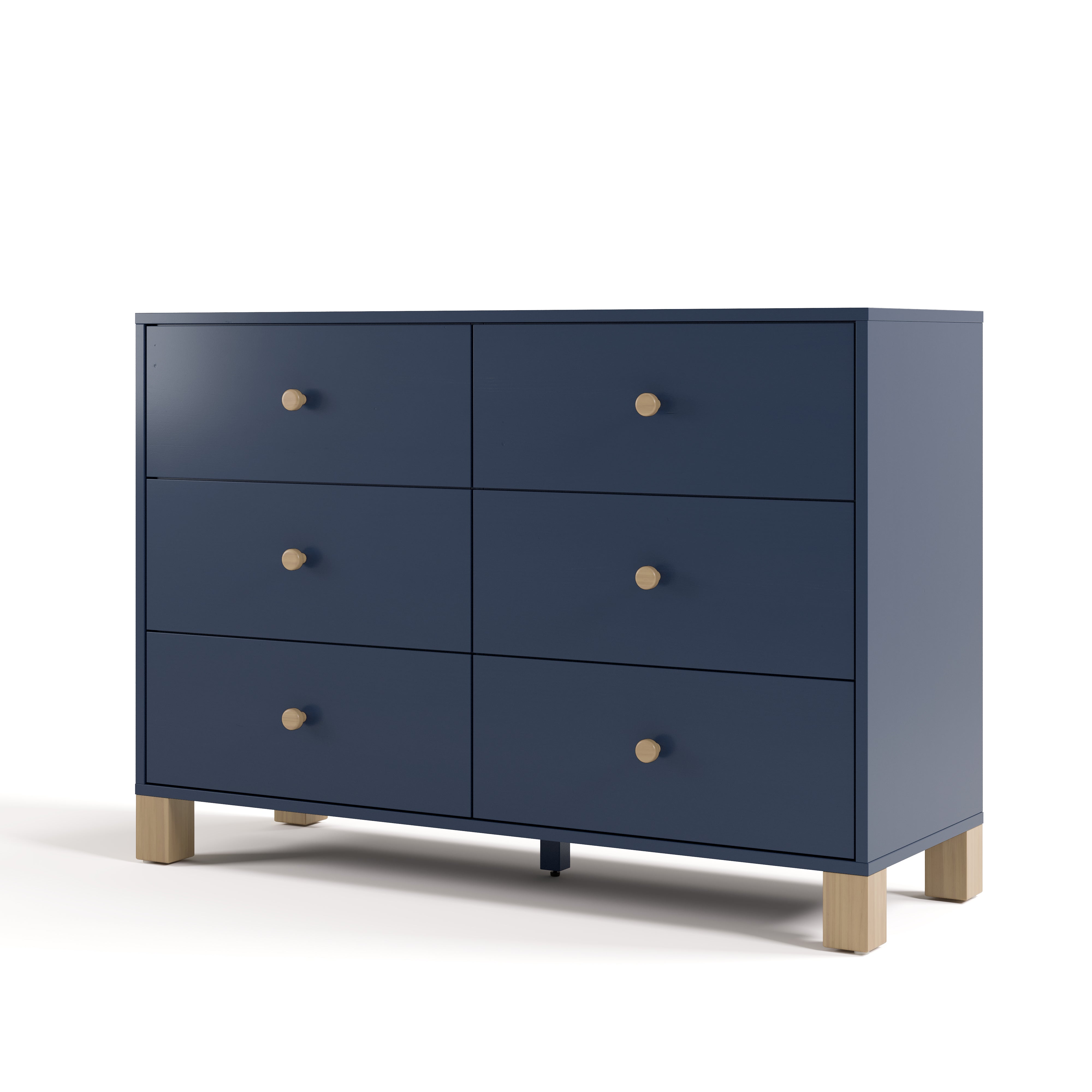 California midnight blue with driftwood 6 drawer dresser angle view