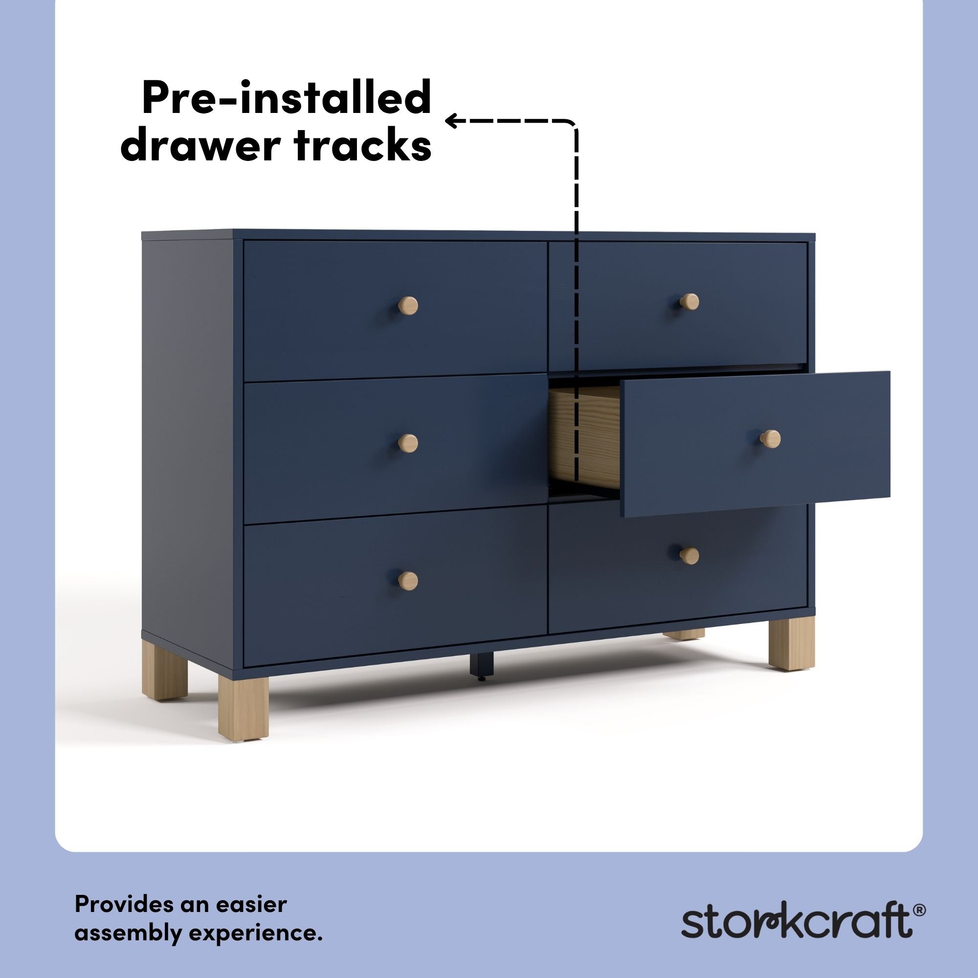 California midnight blue with driftwood 6 drawer dresser pre-installed drawer tracks callout