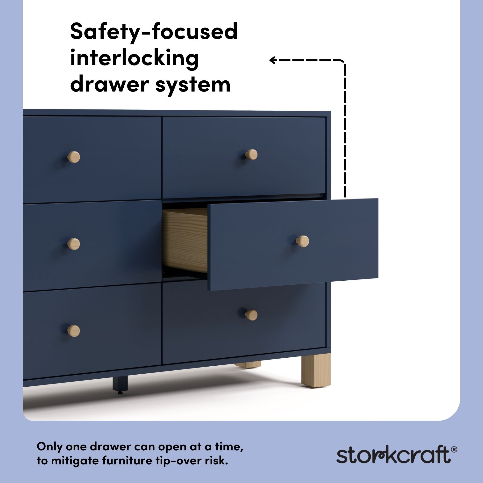 California midnight blue with driftwood 6 drawer dresser interlocking drawer system callout