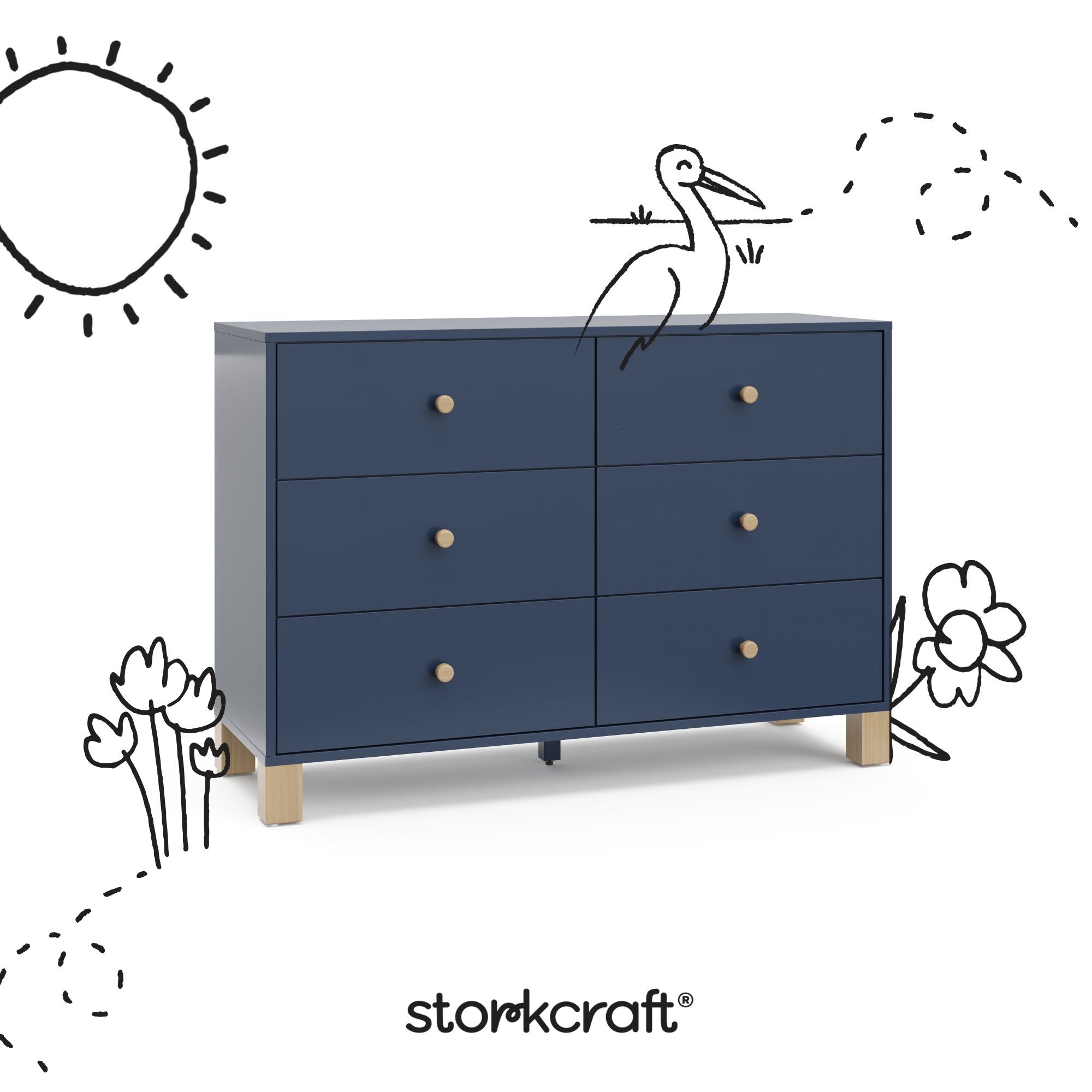 California midnight blue with driftwood 6 drawer dresser with black doodles overlaid on image