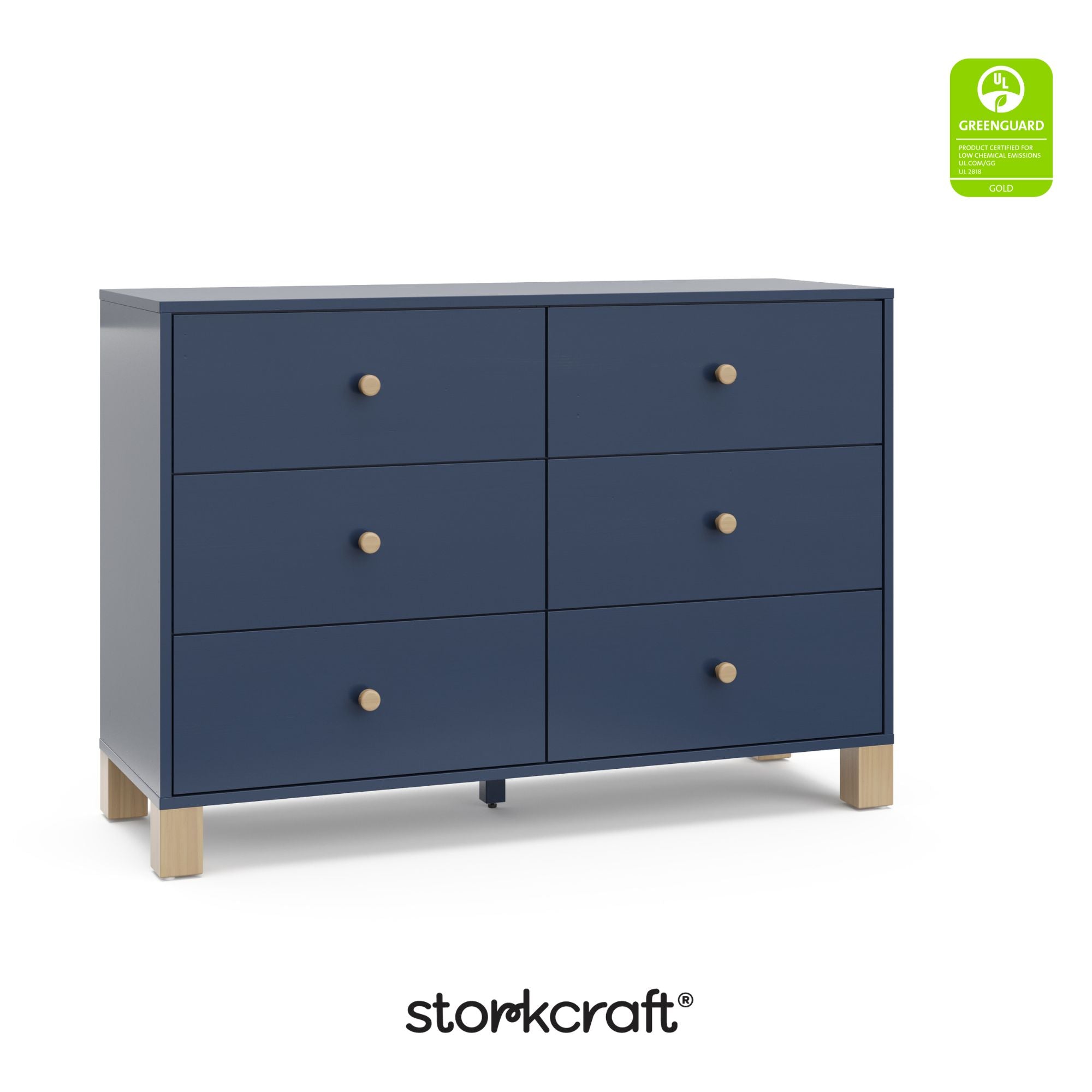 California midnight blue with driftwood 6 drawer dresser with GGG certification logo on top right