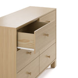 California driftwood 6 drawer dresser angle/side view with top left drawer open