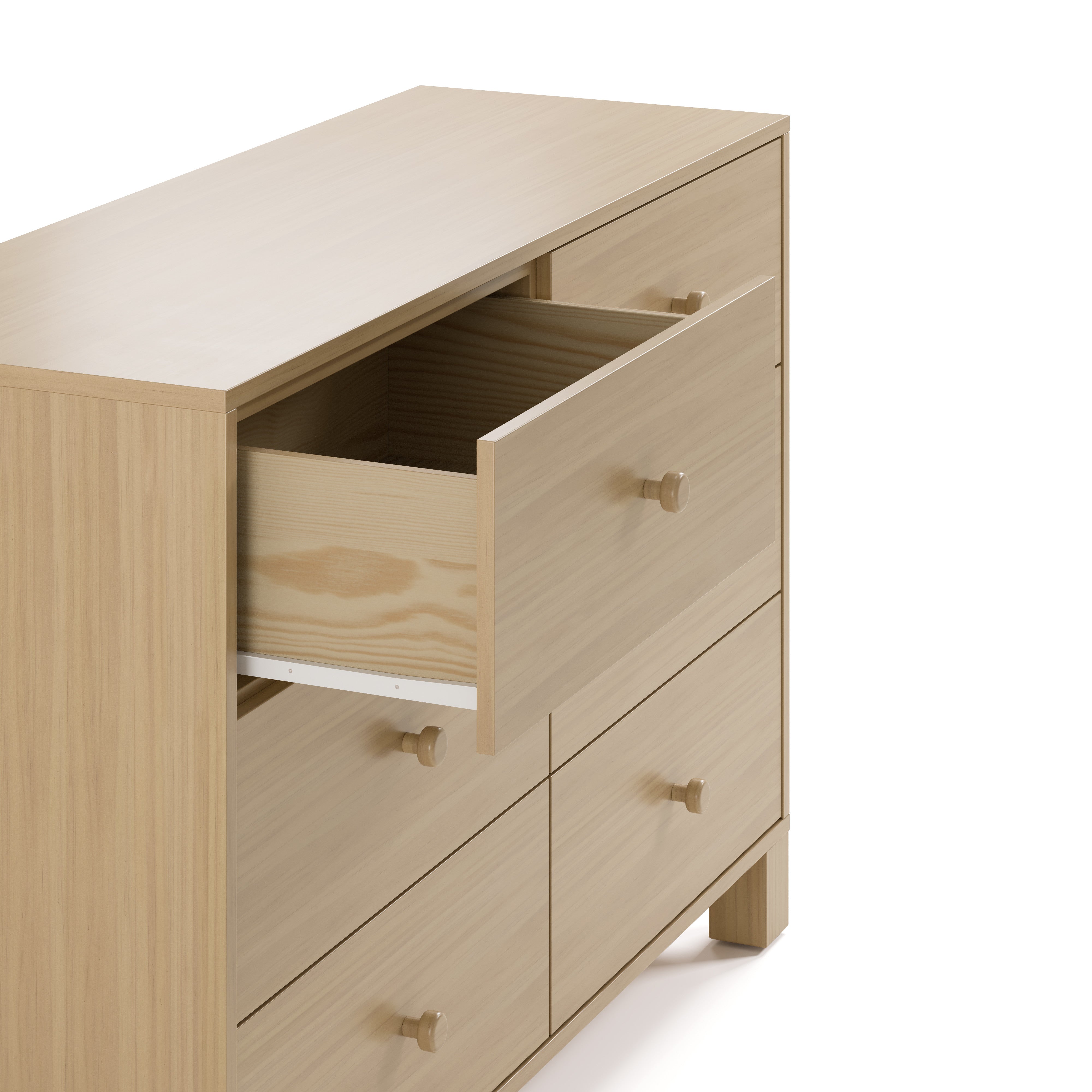 California driftwood 6 drawer dresser angle/side view with top left drawer open