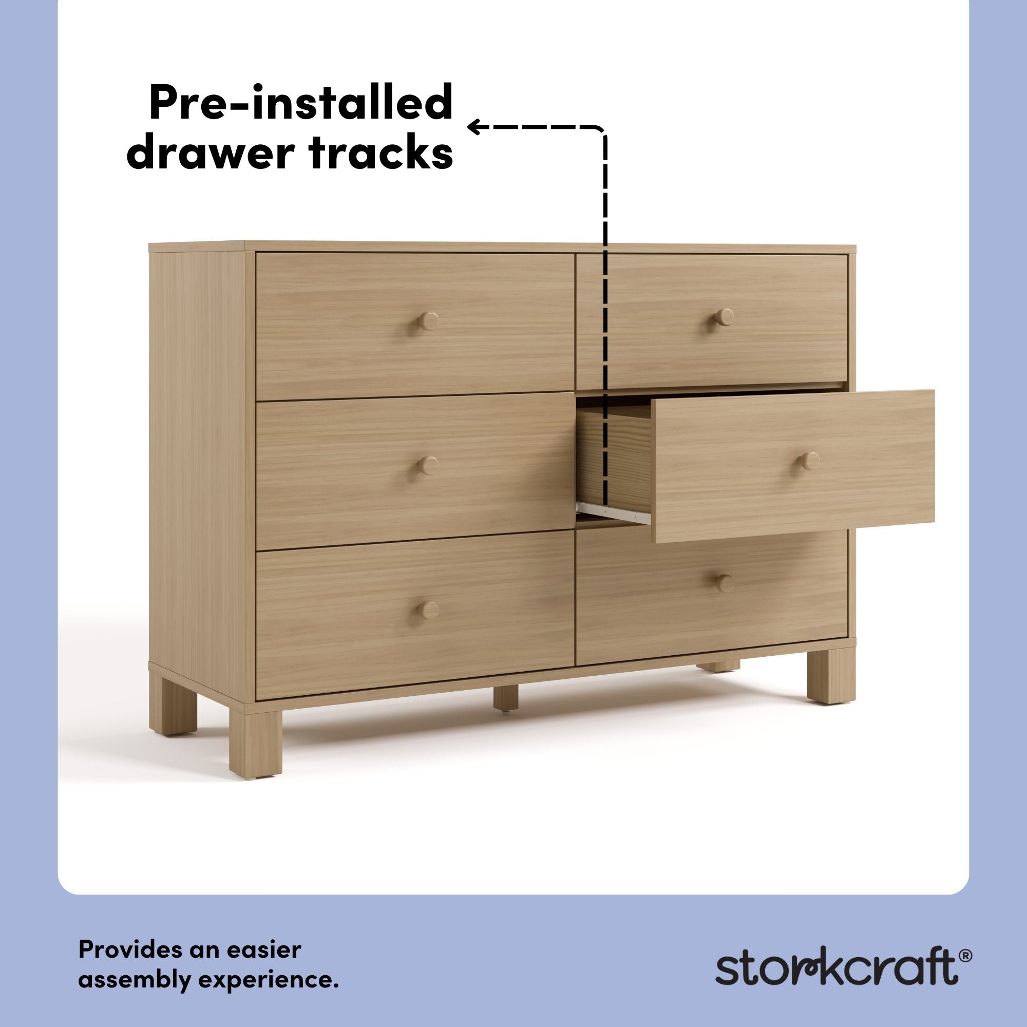 California driftwood 6 drawer dresser pre-installed drawer tracks callout