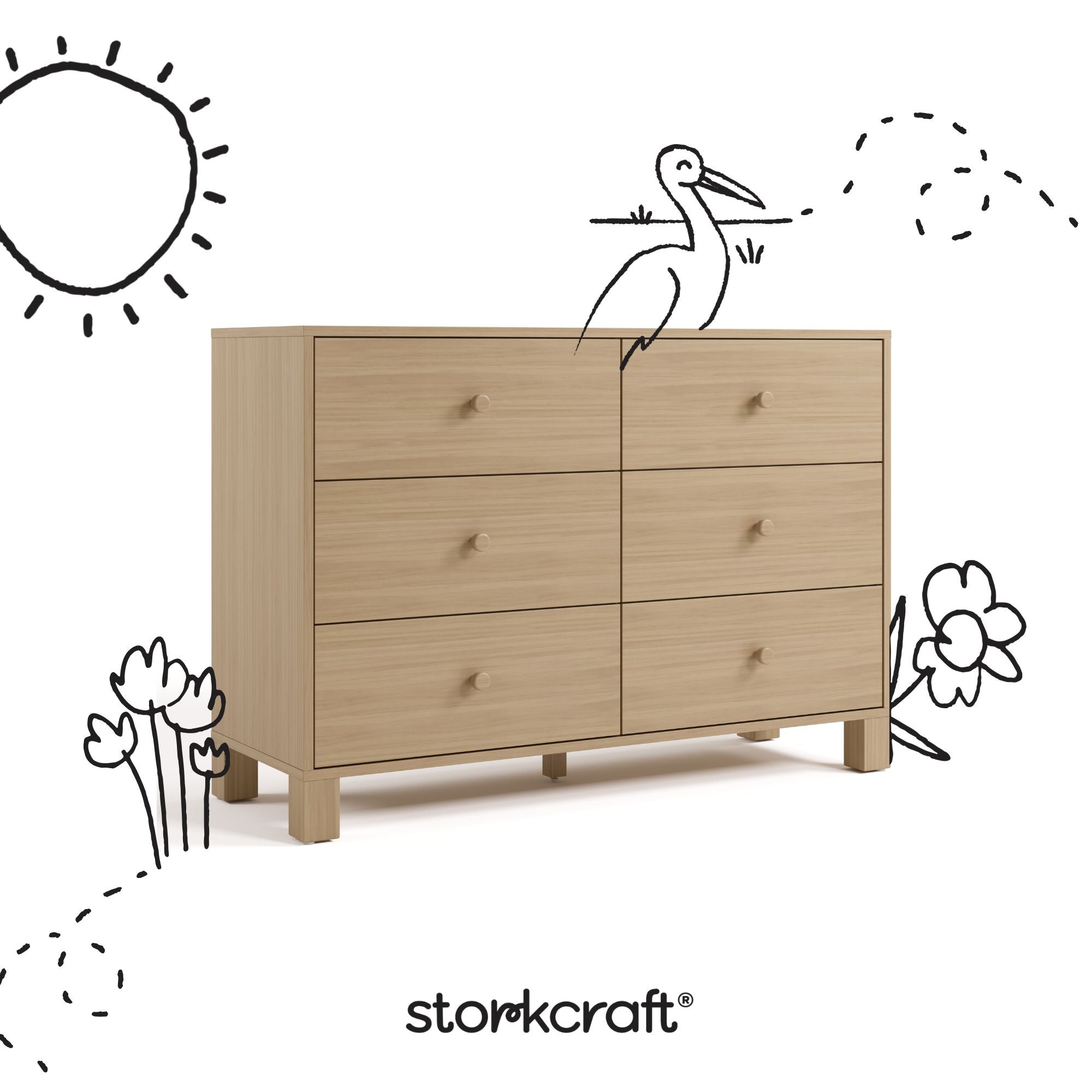 California driftwood 6 drawer dresser with black doodles overlaid on image