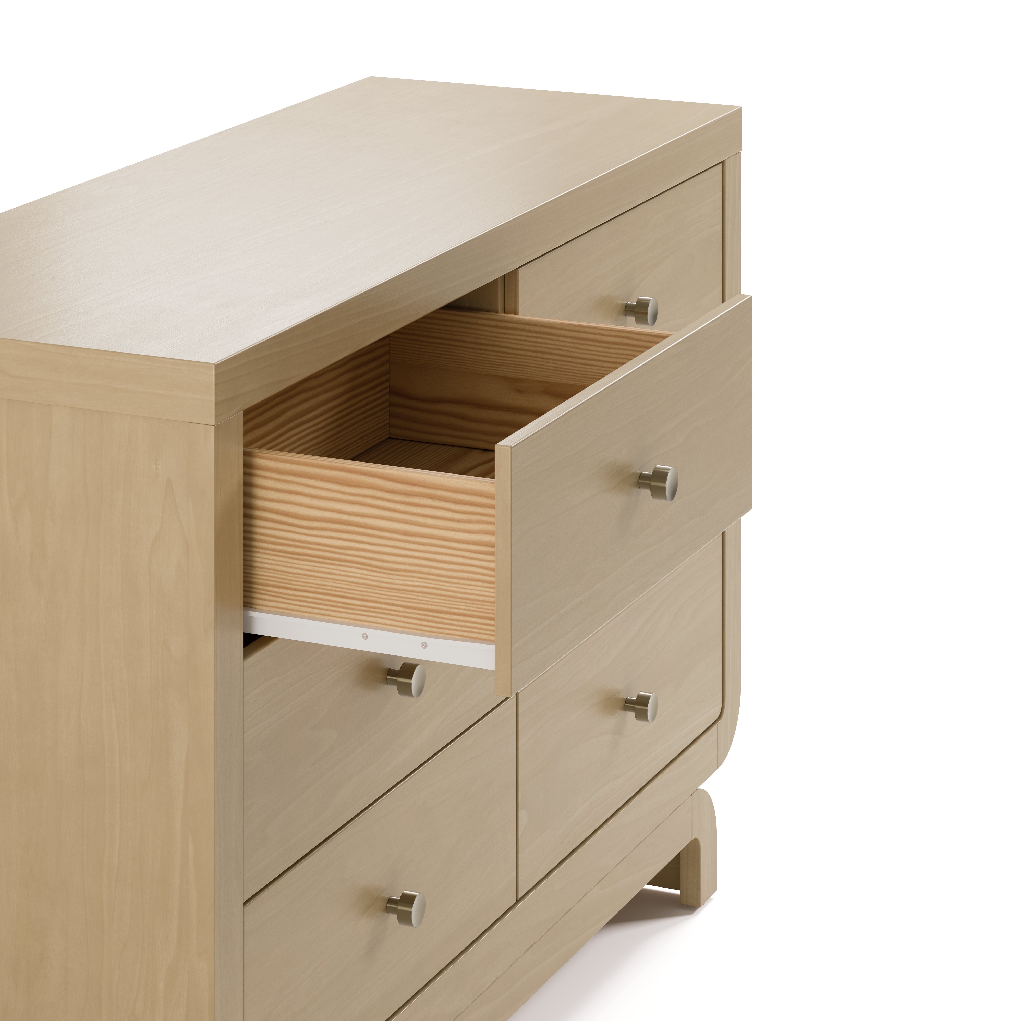 Santorini driftwood 6 drawer dresser with top left drawer close up view of top left drawer open