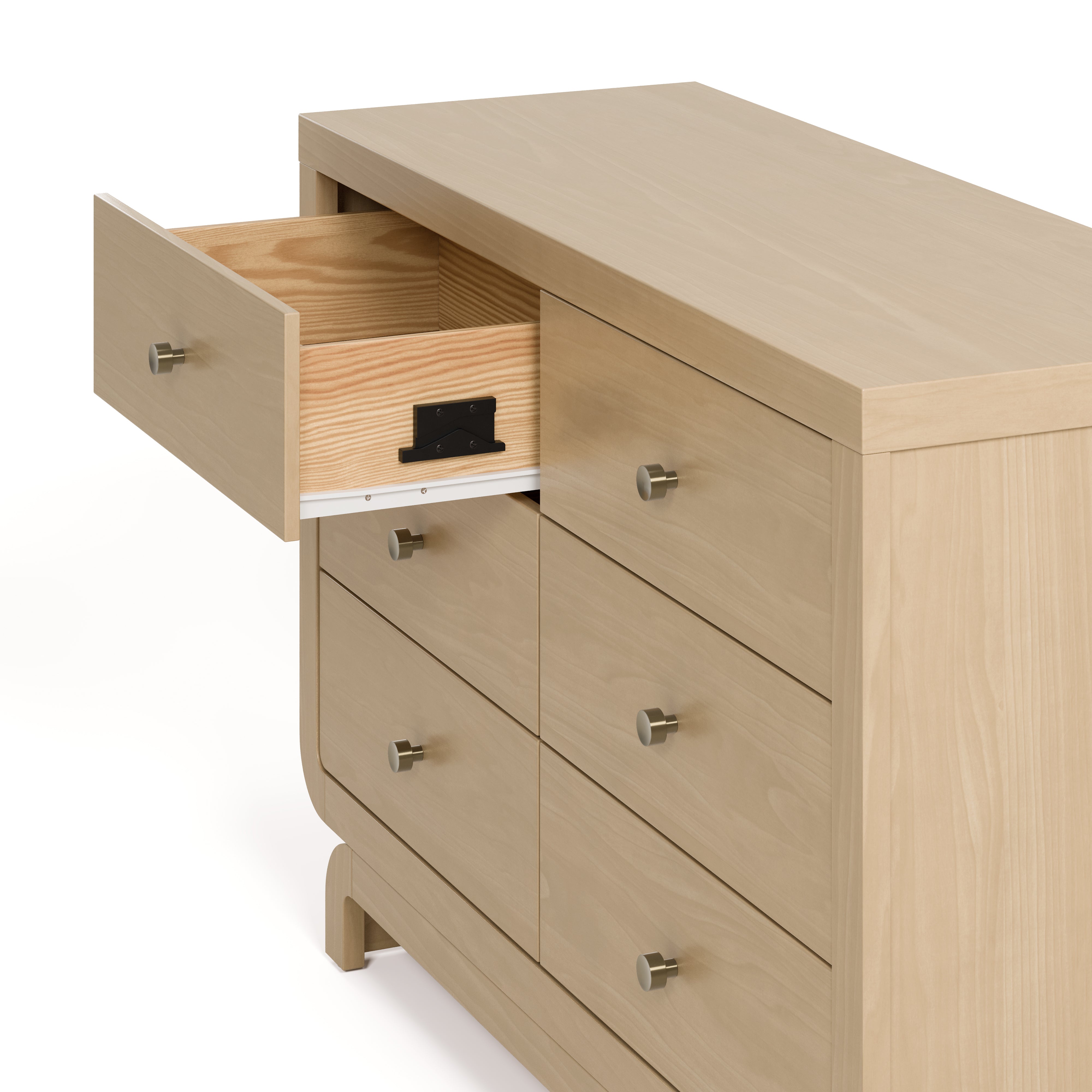 
Santorini driftwood 6 drawer dresser with top left drawer close up view of top left drawer open showing interlocking drawer mechanism