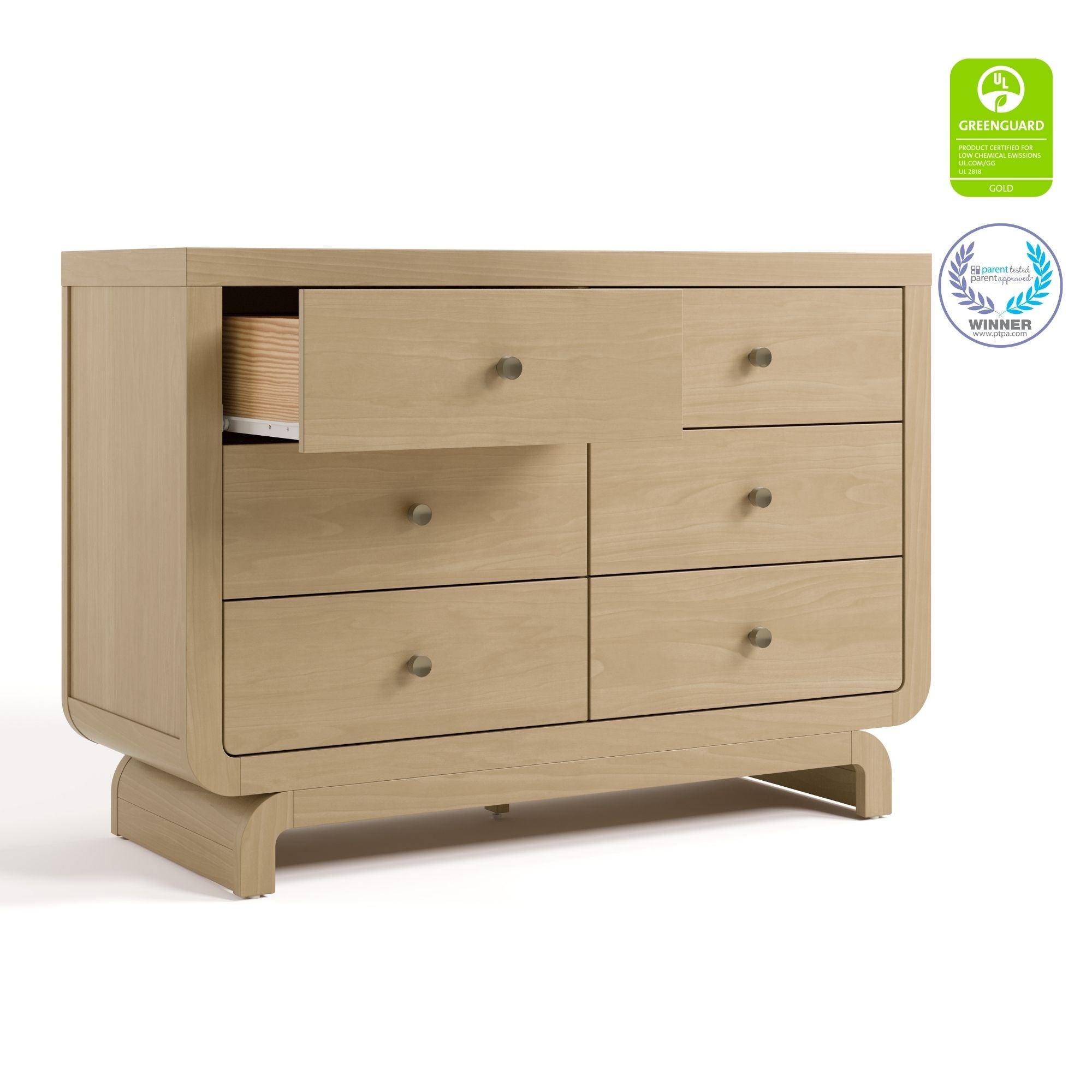 Santorini driftwood 6 drawer dresser with GGG and PTPA logos on top right