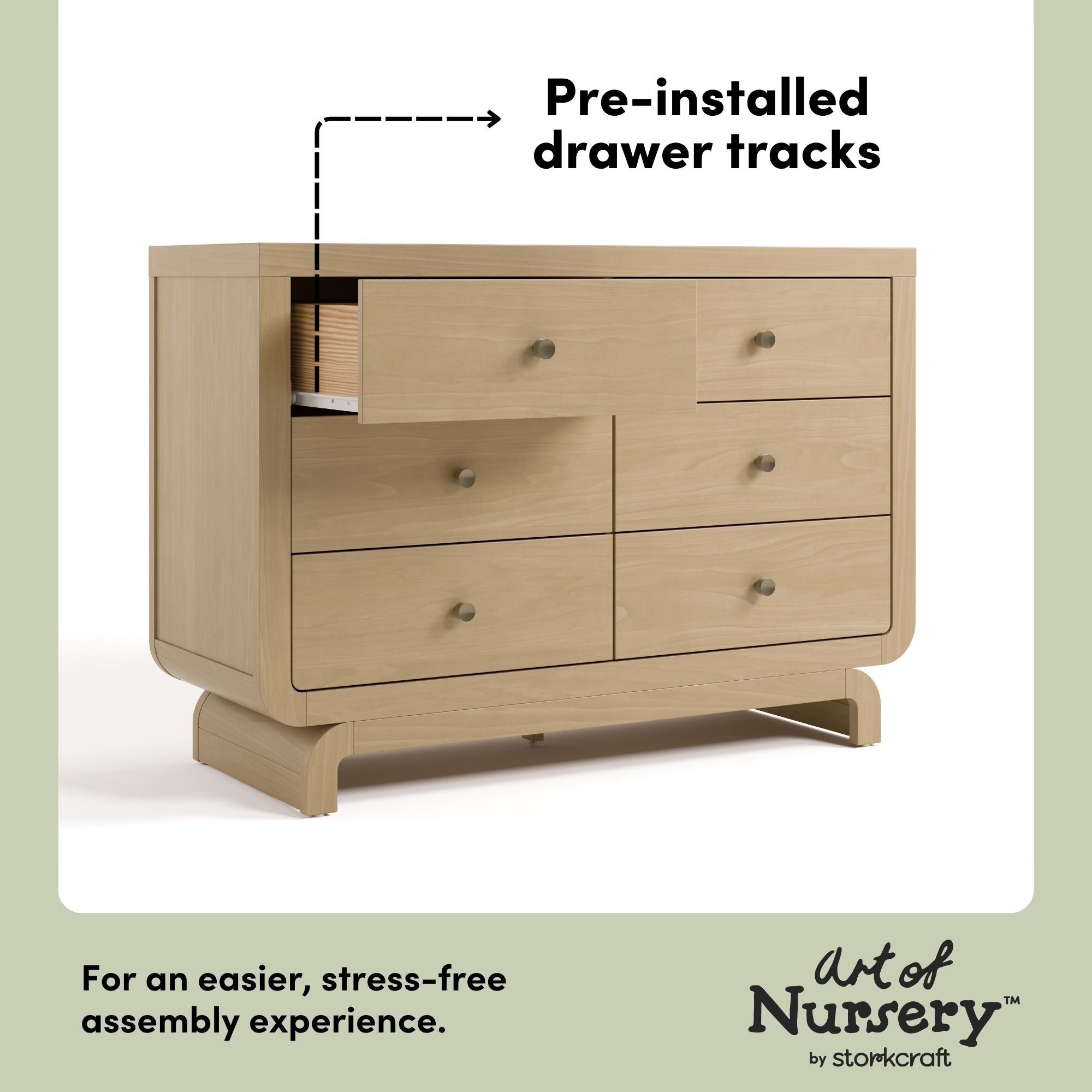 Santorini driftwood 6 drawer dresser pre-installed drawer tracks callout