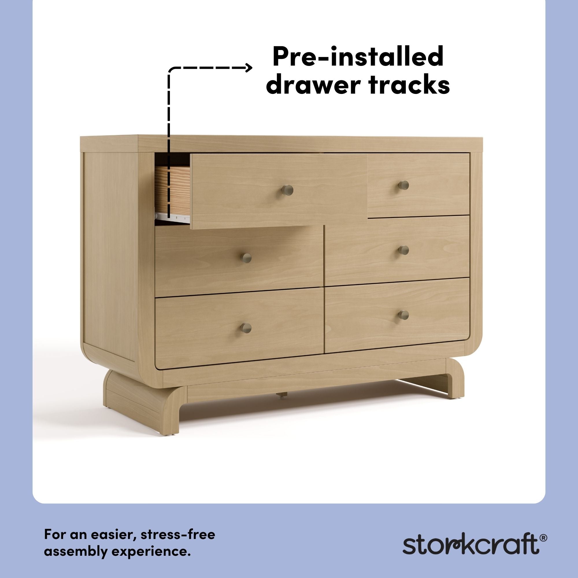 Santorini driftwood 6 drawer double dresser pre-installed drawer tracks callout