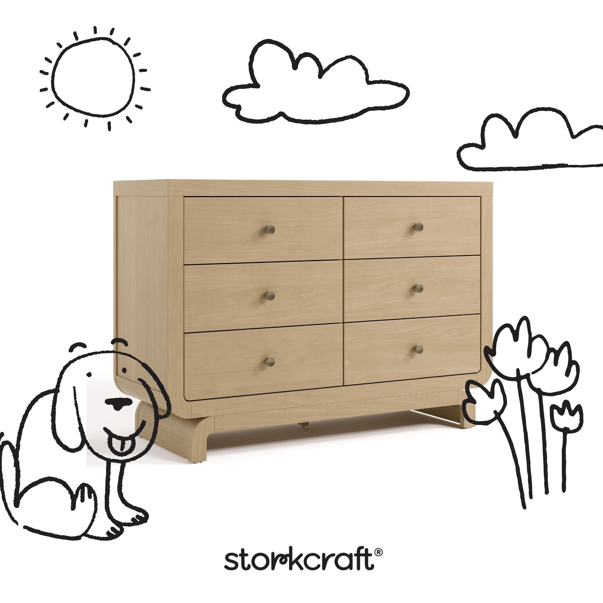 Santorini driftwood 6 drawer double dresser with black doodles overlaid on image
