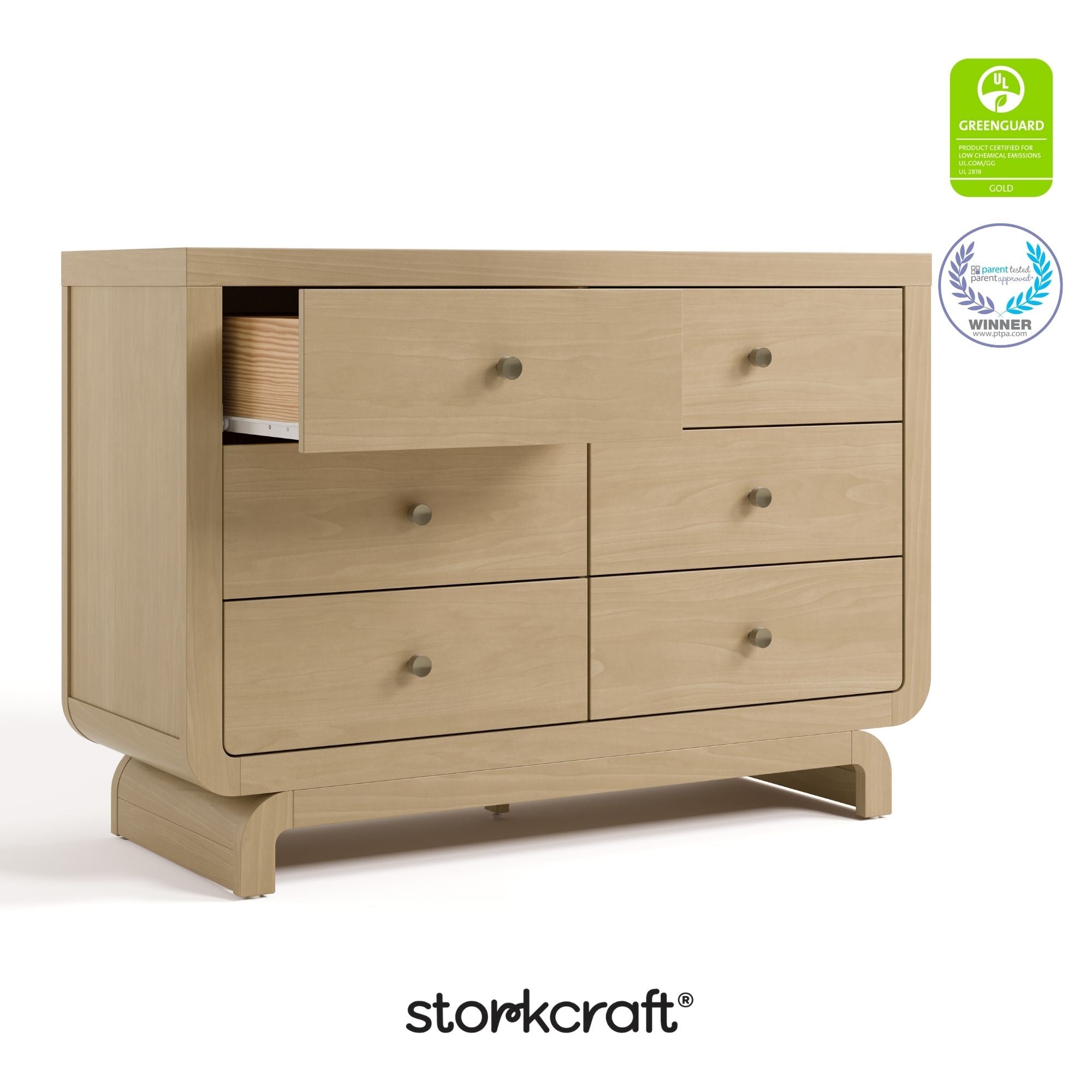 Santorini driftwood 6 drawer double dresser with GGG and PTPA logos on top right